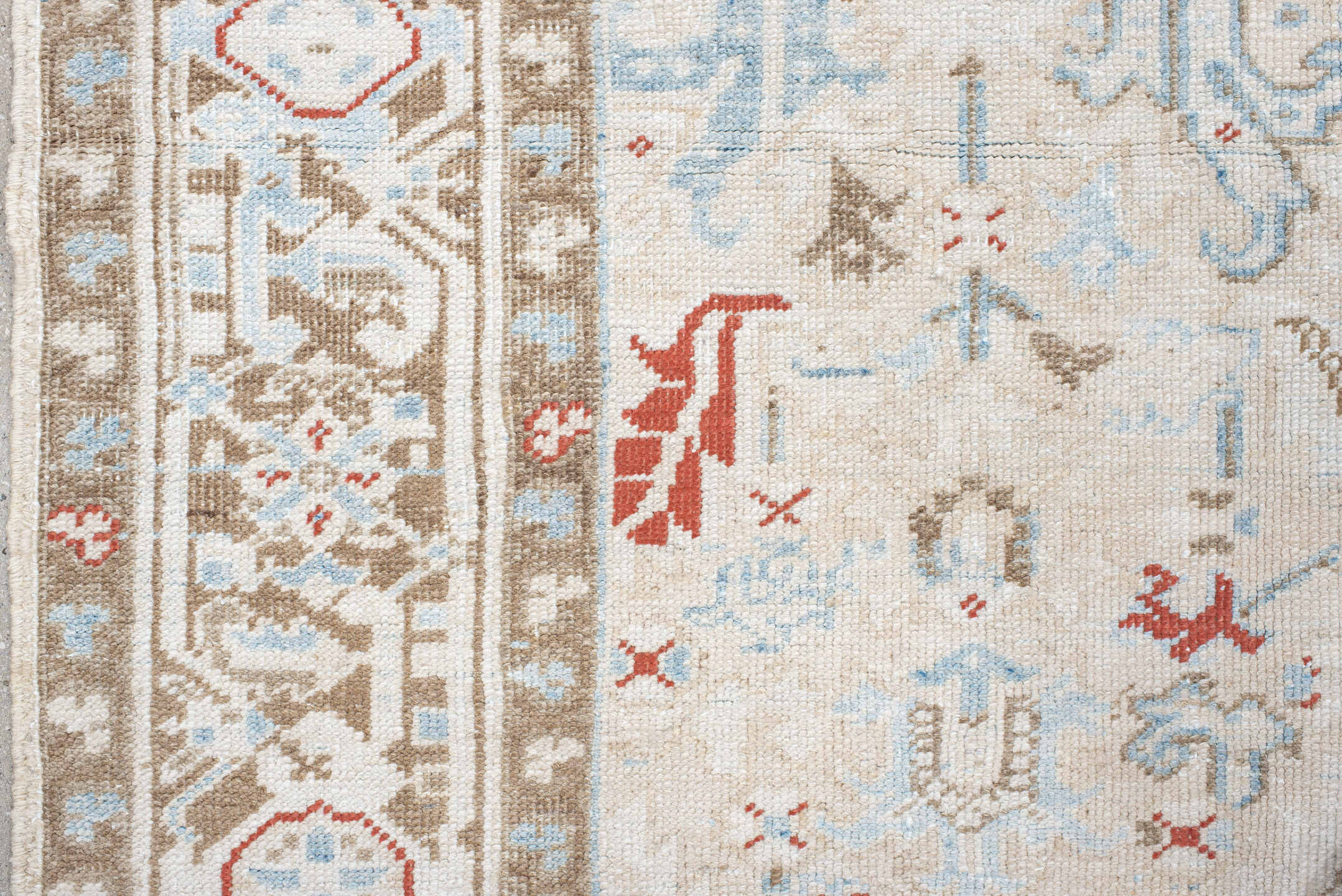 6' x 8' one-of-a-kind handmade antique Heriz medium size rug. Color palette: ivory, taupe, light blue, rust, beige, gray