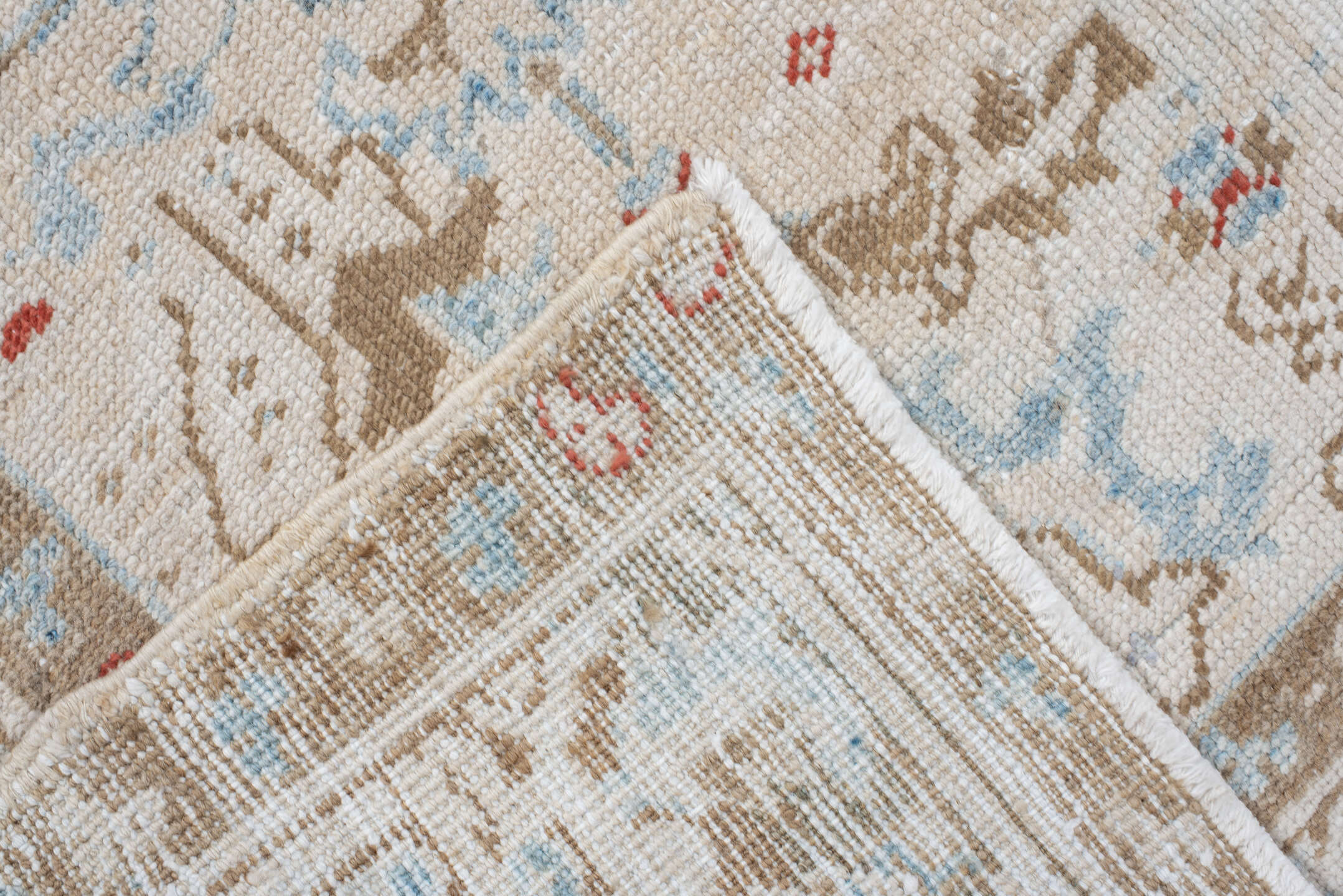 6' x 8' one-of-a-kind handmade antique Heriz medium size rug. Color palette: ivory, taupe, light blue, rust, beige, gray