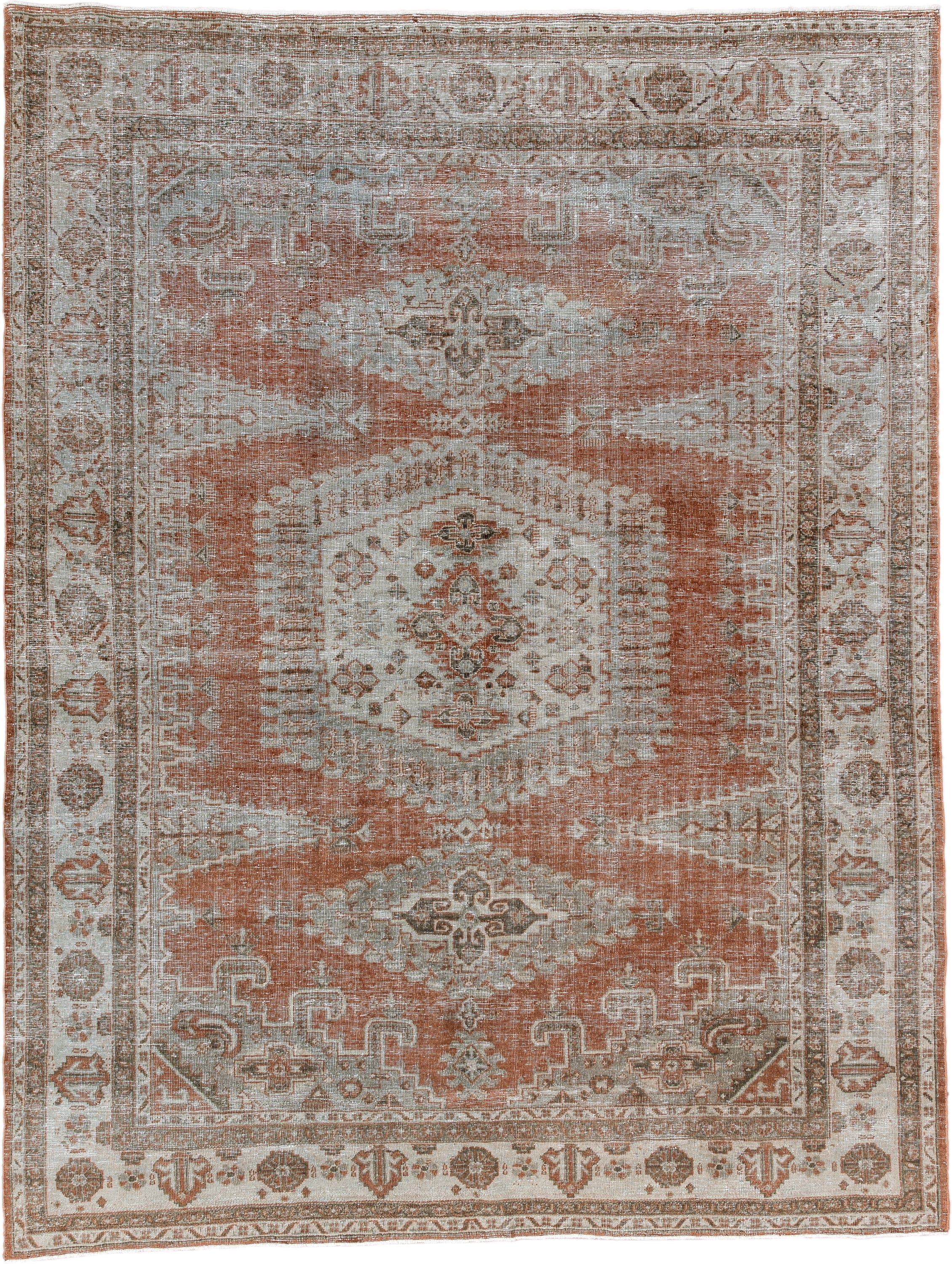 7' x 9' one-of-a-kind handmade antique Veece large size rug. Color palette: terra cotta, ivory, taupe, camel, sage, charcoal