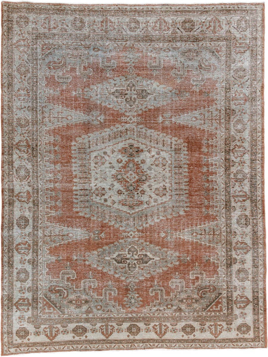 7' x 9' one-of-a-kind handmade antique Veece large size rug. Color palette: terra cotta, ivory, taupe, camel, sage, charcoal