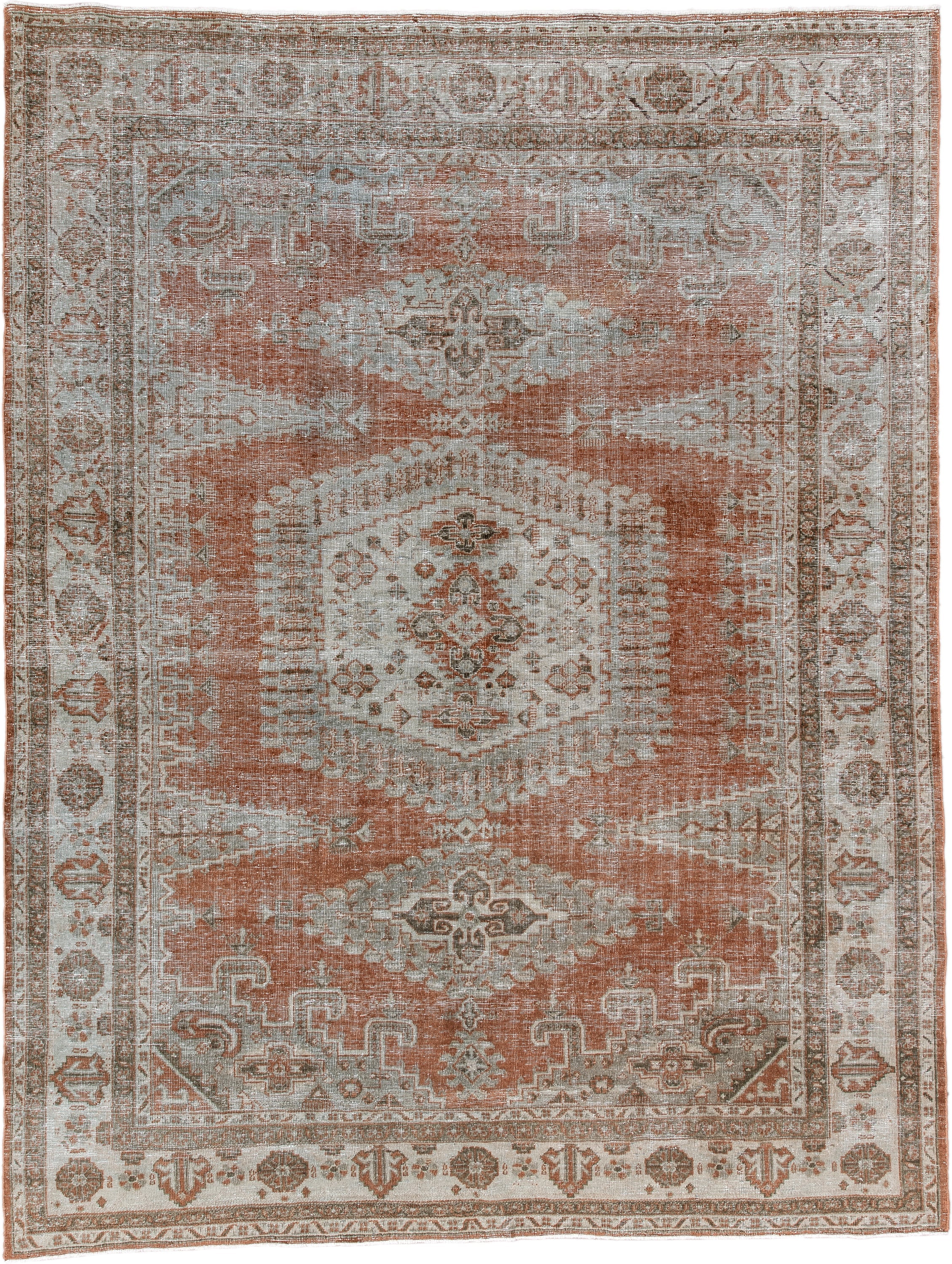 7' x 9' one-of-a-kind handmade antique Veece large size rug. Color palette: terra cotta, ivory, taupe, camel, sage, charcoal