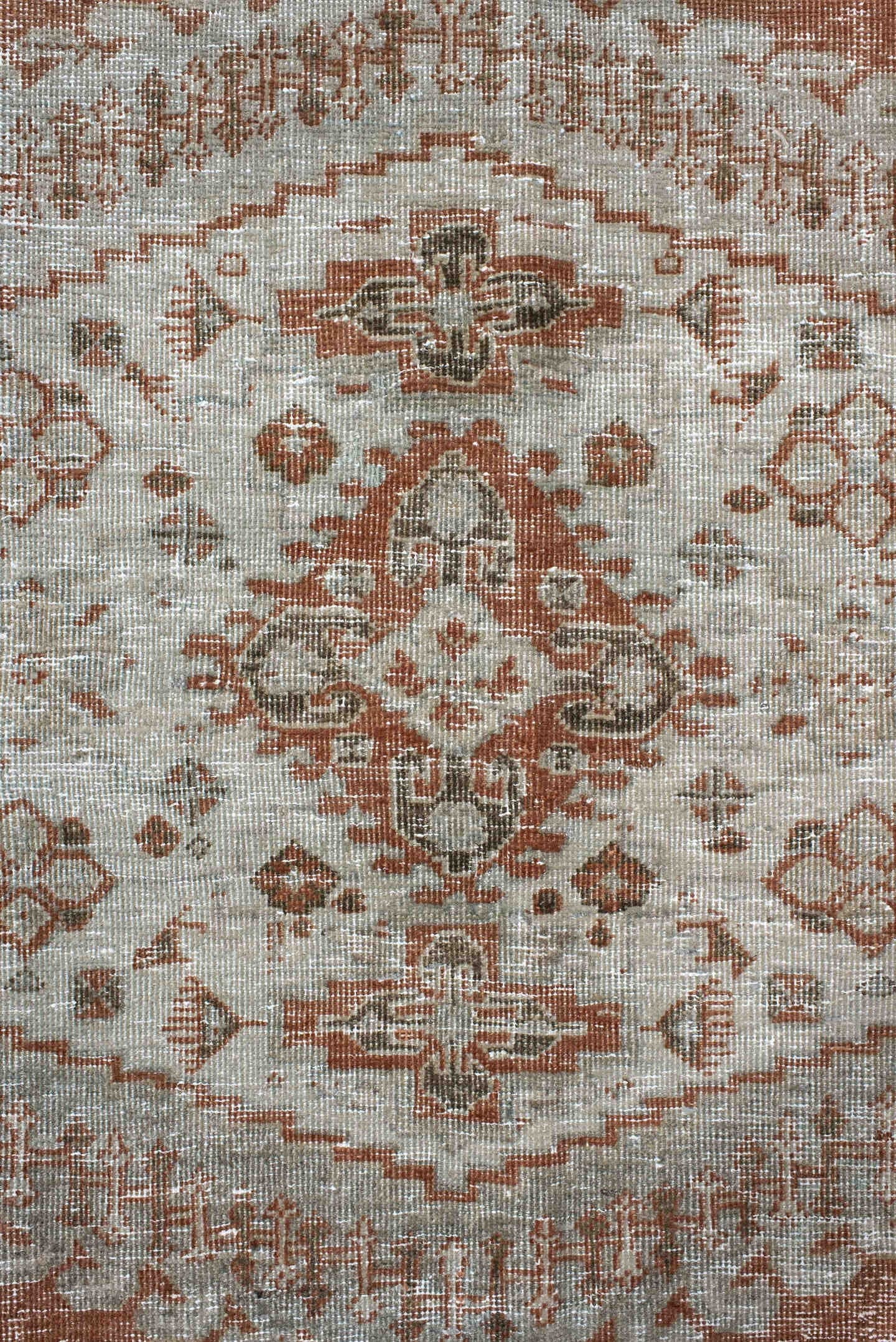 7' x 9' one-of-a-kind handmade antique Veece large size rug. Color palette: terra cotta, ivory, taupe, camel, sage, charcoal