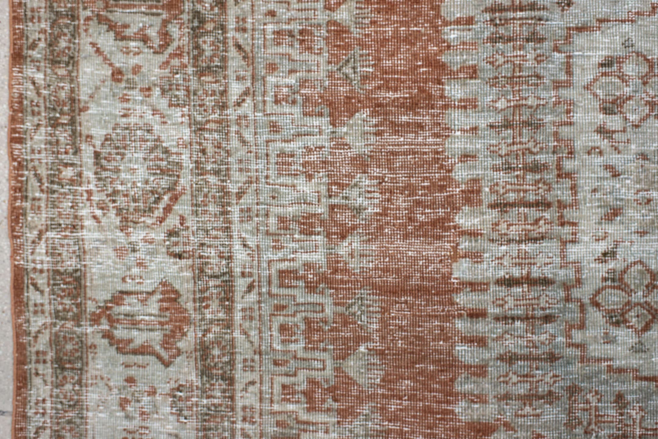 7' x 9' one-of-a-kind handmade antique Veece large size rug. Color palette: terra cotta, ivory, taupe, camel, sage, charcoal