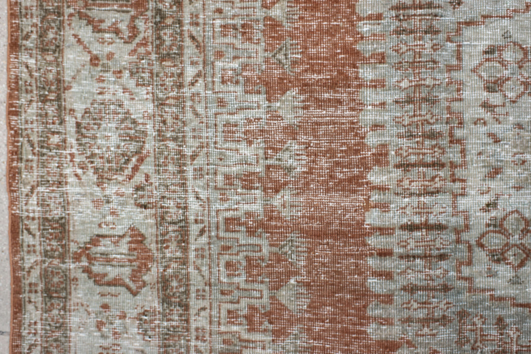 7' x 9' one-of-a-kind handmade antique Veece large size rug. Color palette: terra cotta, ivory, taupe, camel, sage, charcoal