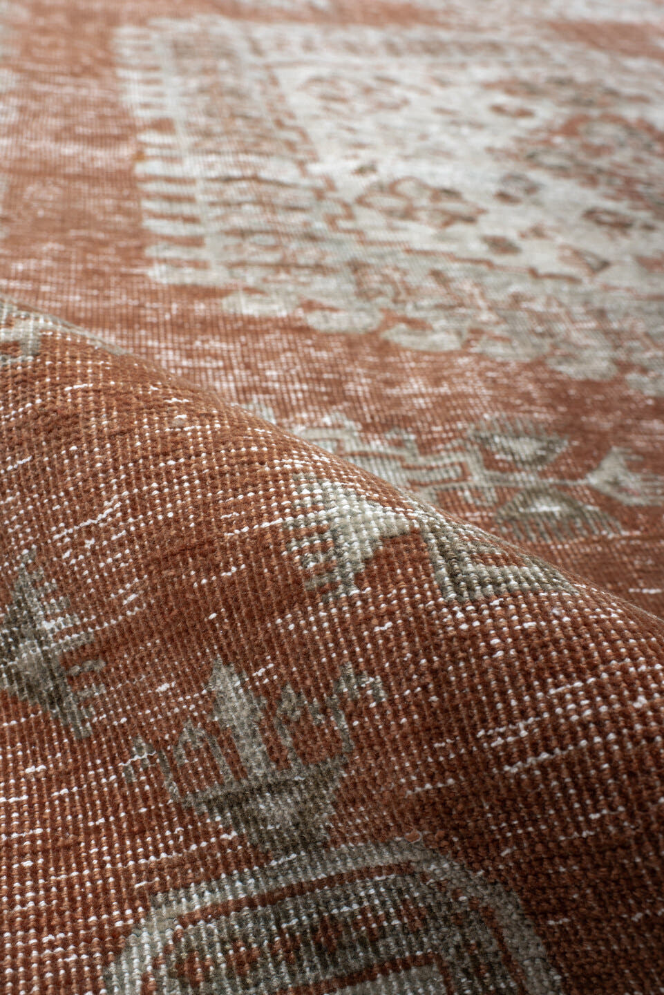7' x 9' one-of-a-kind handmade antique Veece large size rug. Color palette: terra cotta, ivory, taupe, camel, sage, charcoal