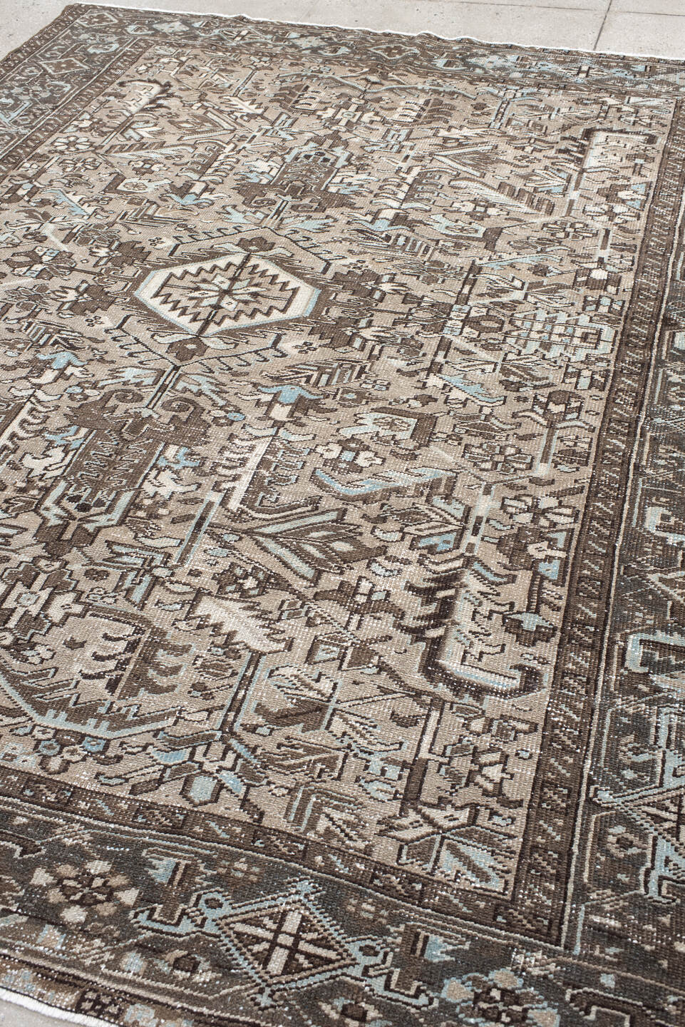 8' x 9' one-of-a-kind handmade vintage Heriz rug. Color palette: black, brown, charcoal, dark gray, gray, light gray, linen