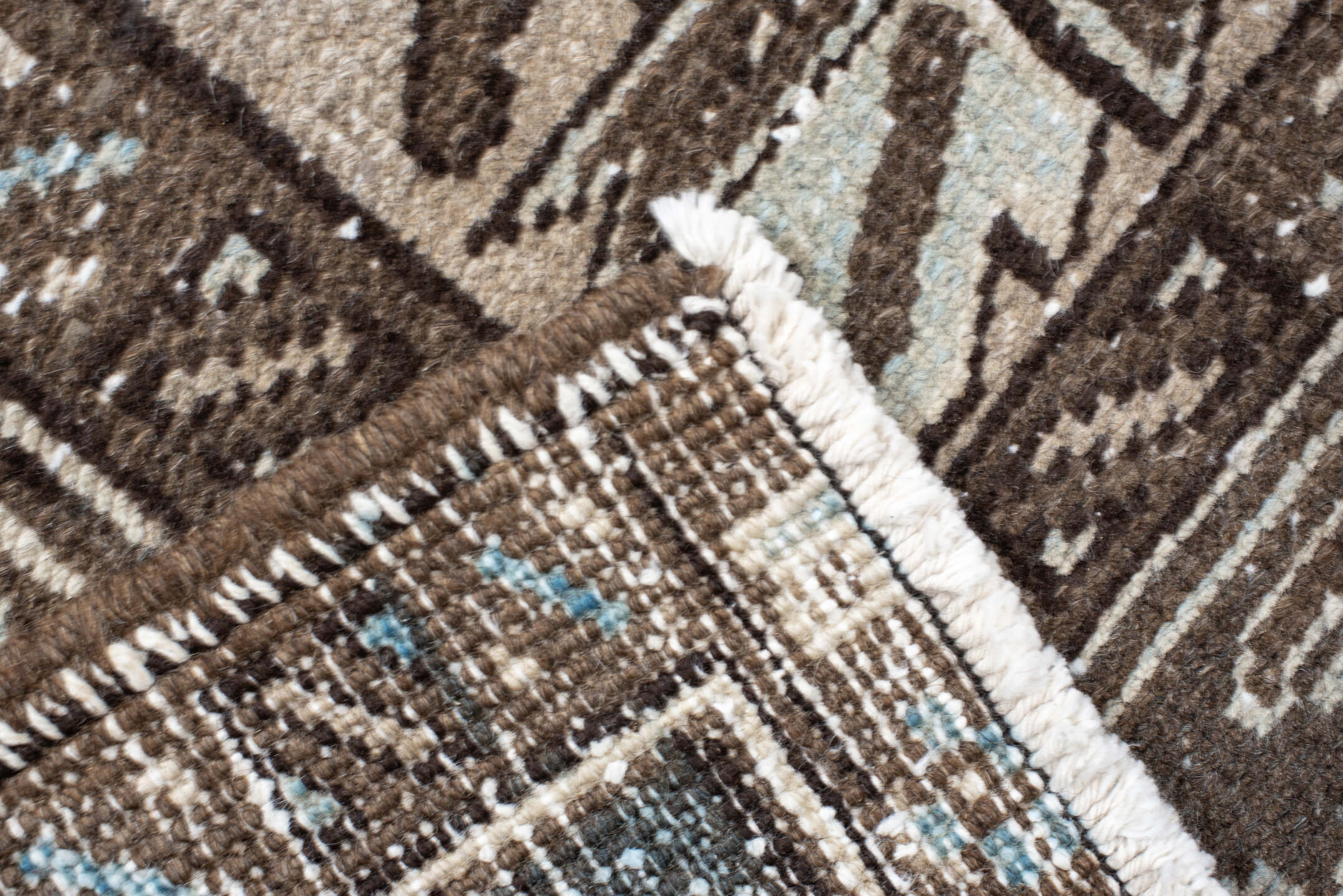 8' x 9' one-of-a-kind handmade vintage Heriz rug. Color palette: black, brown, charcoal, dark gray, gray, light gray, linen