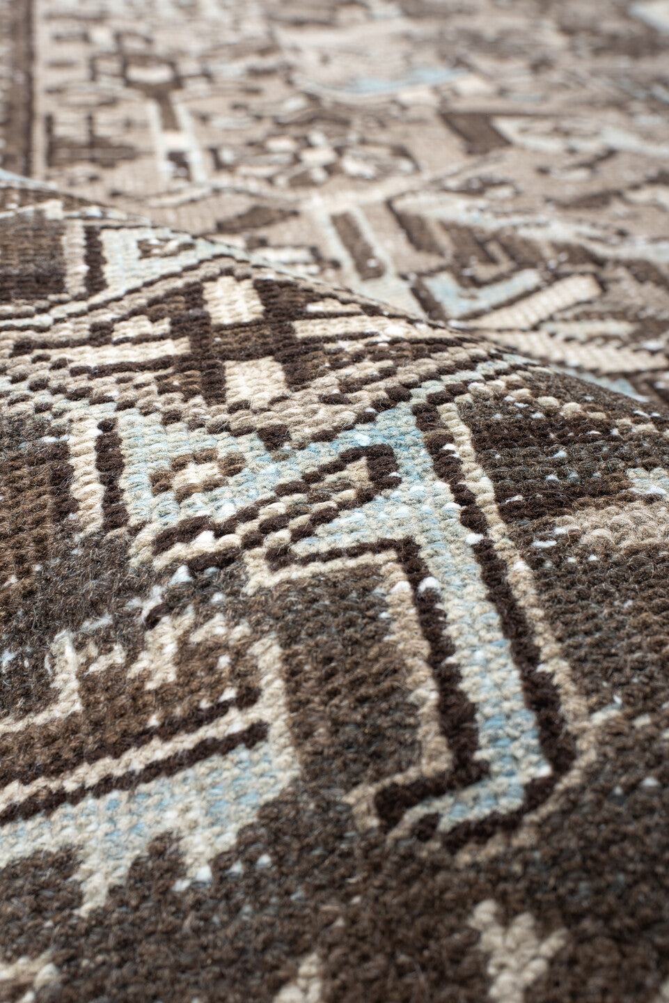 8' x 9' one-of-a-kind handmade vintage Heriz rug. Color palette: black, brown, charcoal, dark gray, gray, light gray, linen