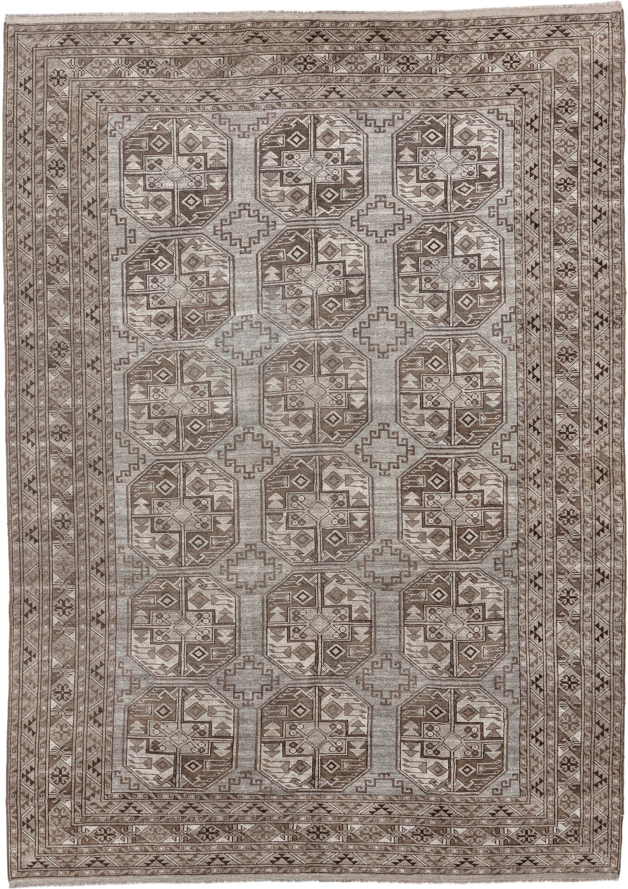 8' x 11' one-of-a-kind handmade antique Afghan large size rug. Color palette: taupe, brown, ivory, camel, charcoal, beige