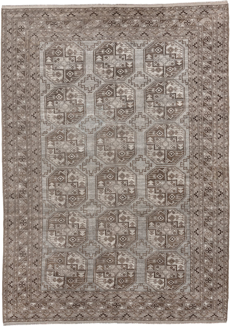8' x 11' one-of-a-kind handmade antique Afghan large size rug. Color palette: taupe, brown, ivory, camel, charcoal, beige