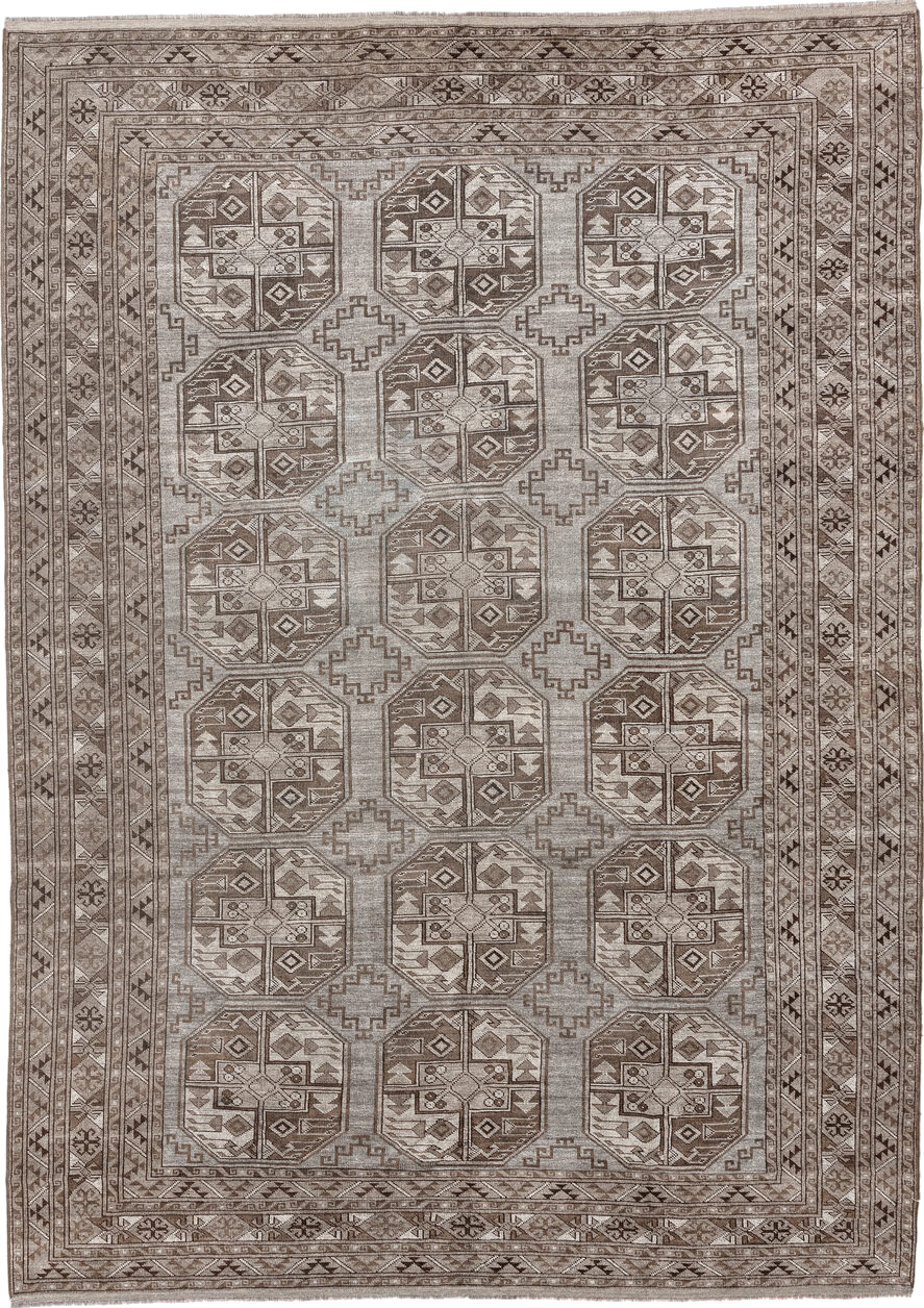 8' x 11' one-of-a-kind handmade vintage Afghan large size rug. Color palette: brown, dark gray, gray, light gray, off-white
