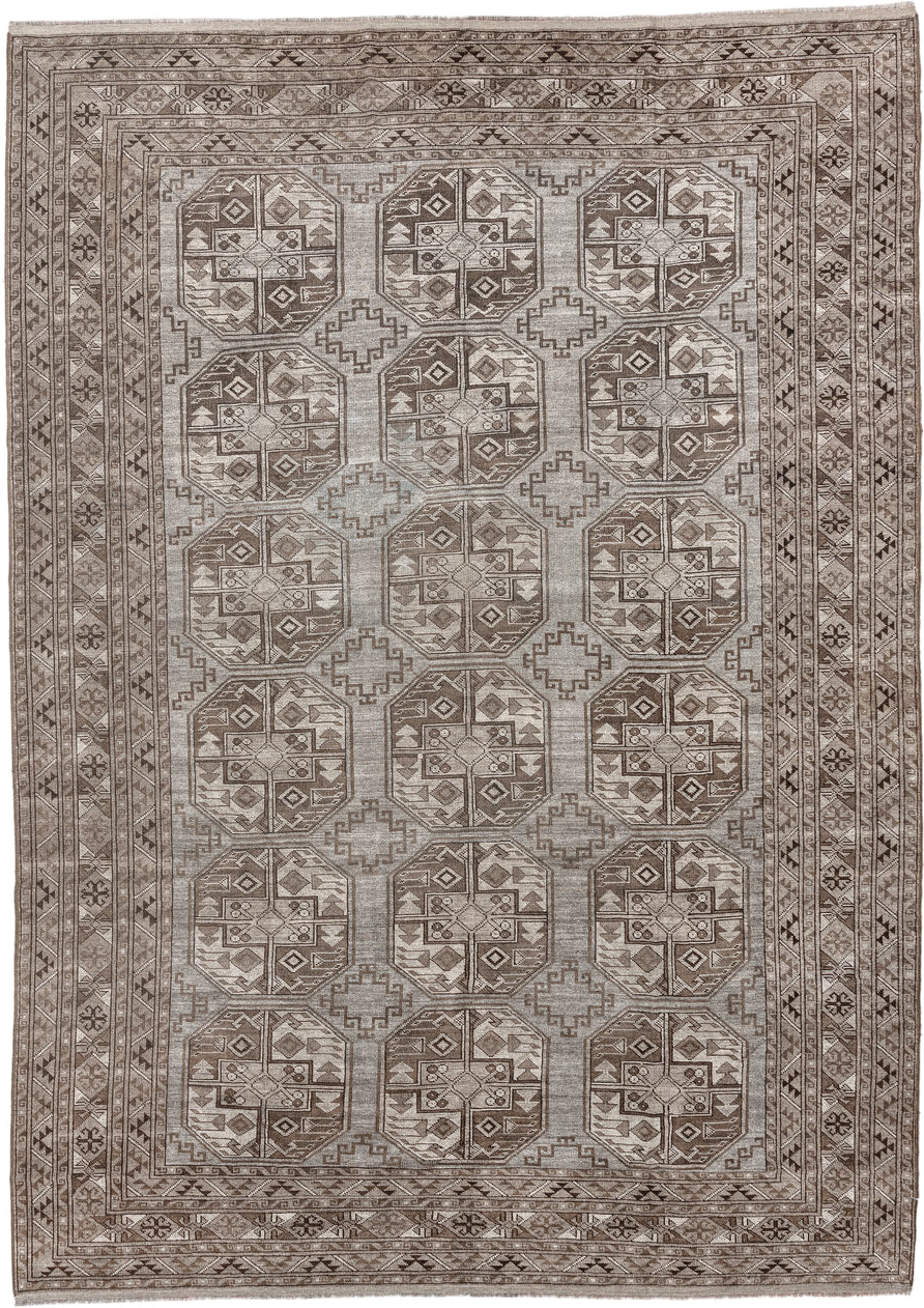 8' x 11' one-of-a-kind handmade antique Afghan large size rug. Color palette: taupe, brown, ivory, camel, charcoal, beige