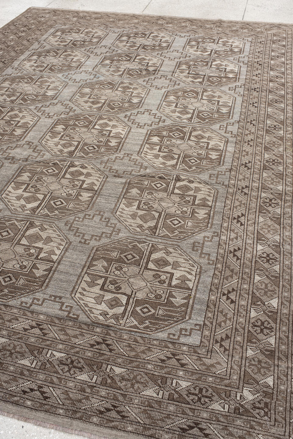 8' x 11' one-of-a-kind handmade antique Afghan large size rug. Color palette: taupe, brown, ivory, camel, charcoal, beige