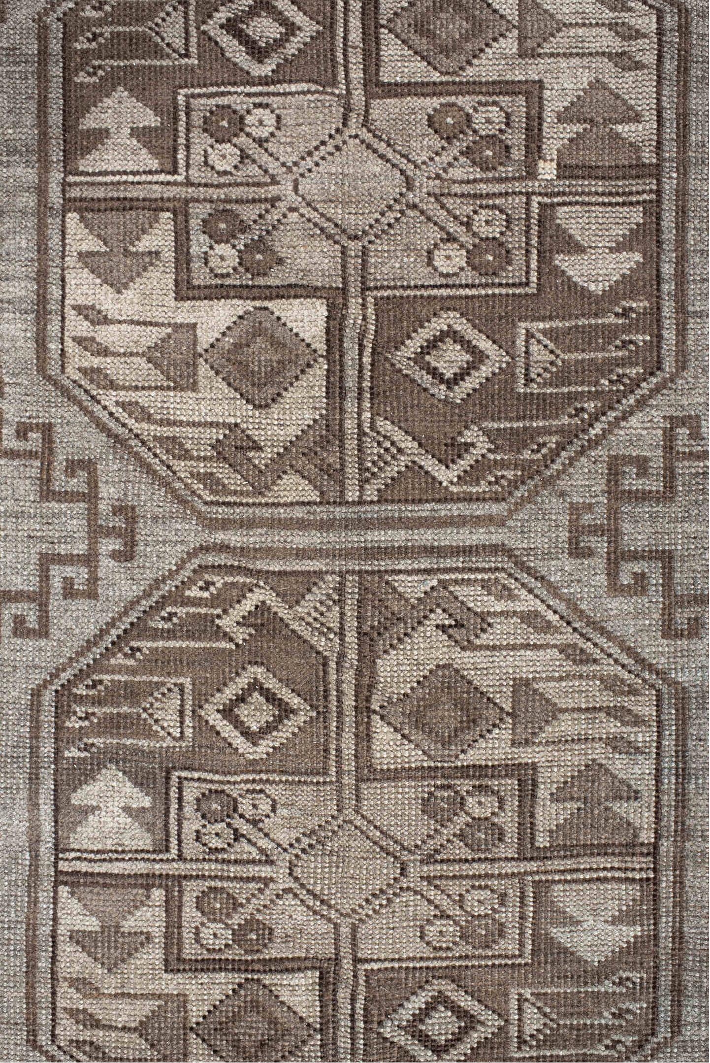 8' x 11' one-of-a-kind handmade vintage Afghan large size rug. Color palette: brown, dark gray, gray, light gray, off-white