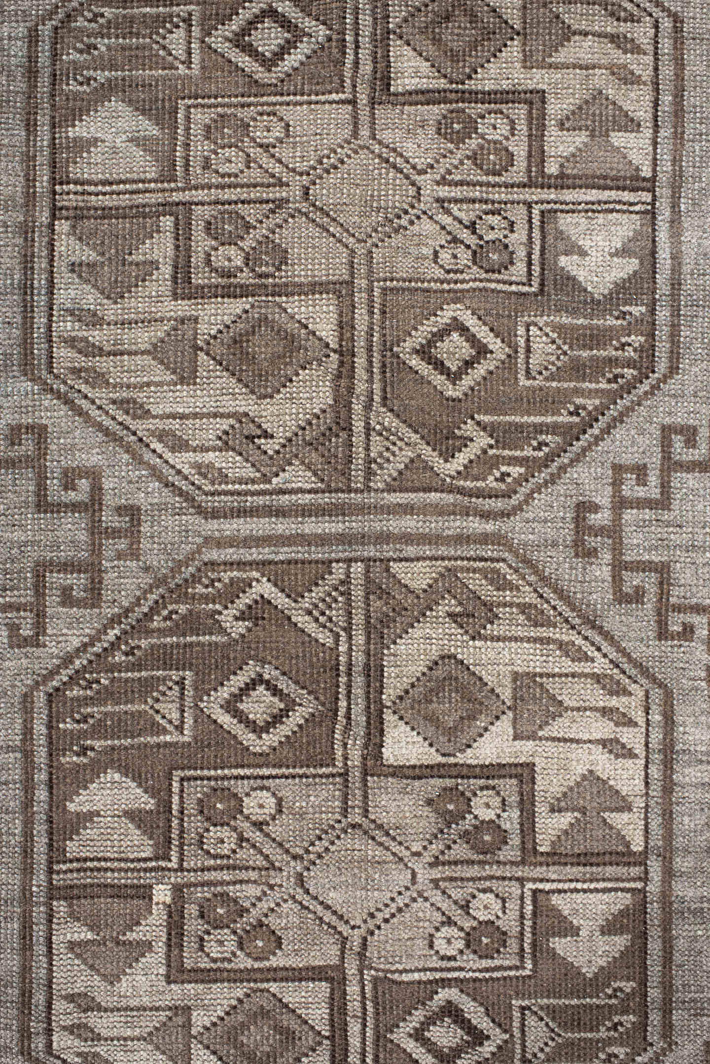 8' x 11' one-of-a-kind handmade antique Afghan large size rug. Color palette: taupe, brown, ivory, camel, charcoal, beige