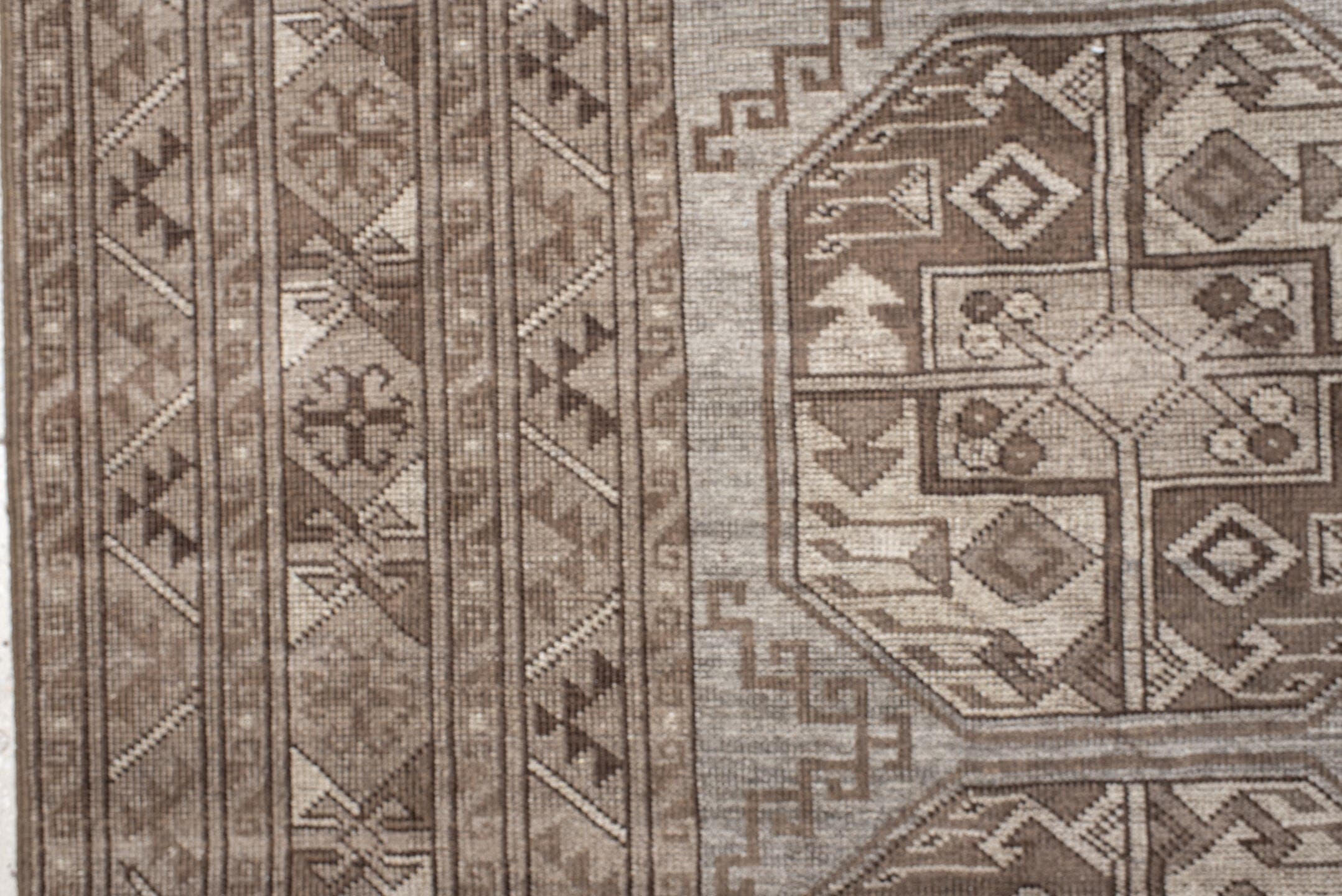 8' x 11' one-of-a-kind handmade antique Afghan large size rug. Color palette: taupe, brown, ivory, camel, charcoal, beige