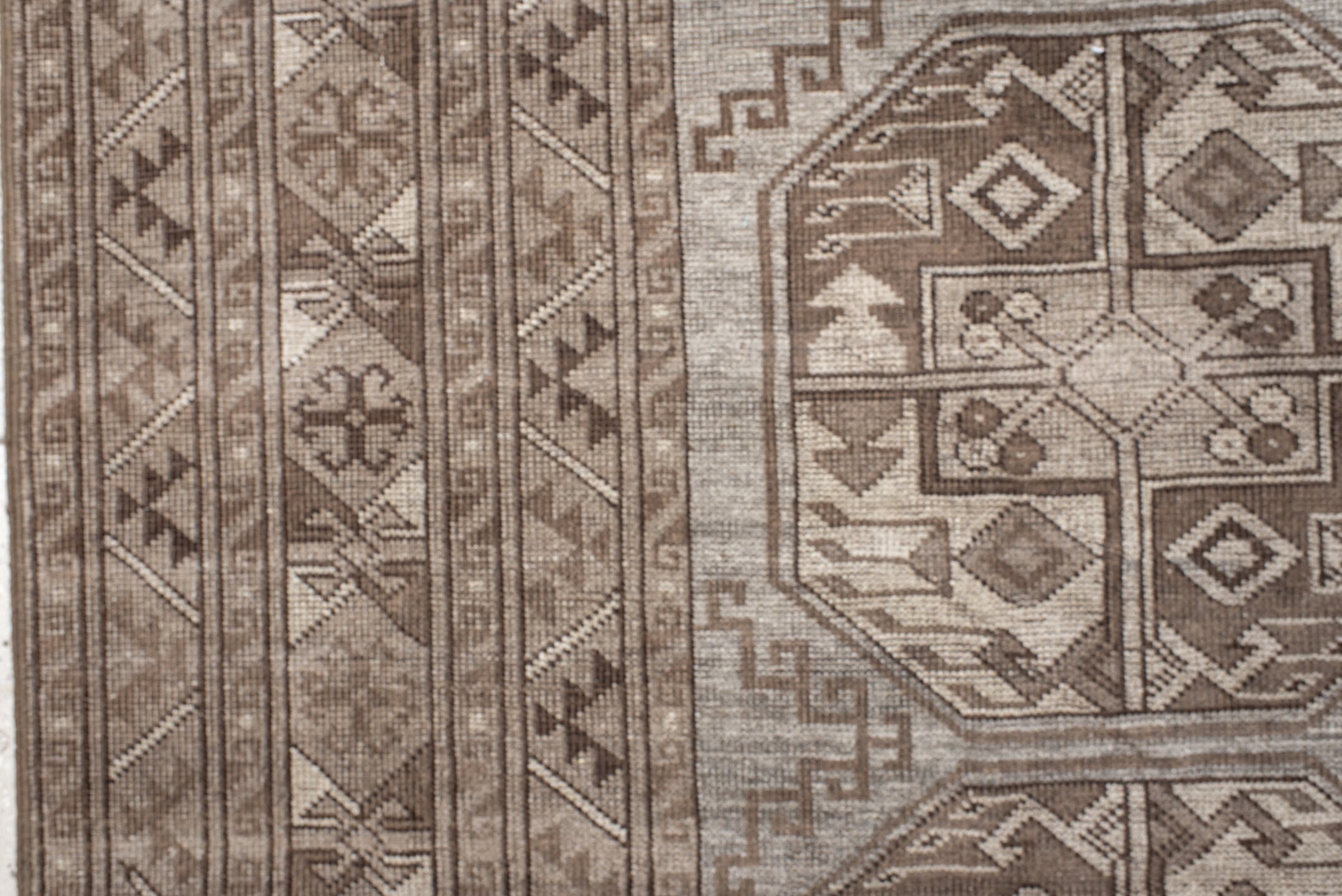 8' x 11' one-of-a-kind handmade antique Afghan large size rug. Color palette: taupe, brown, ivory, camel, charcoal, beige