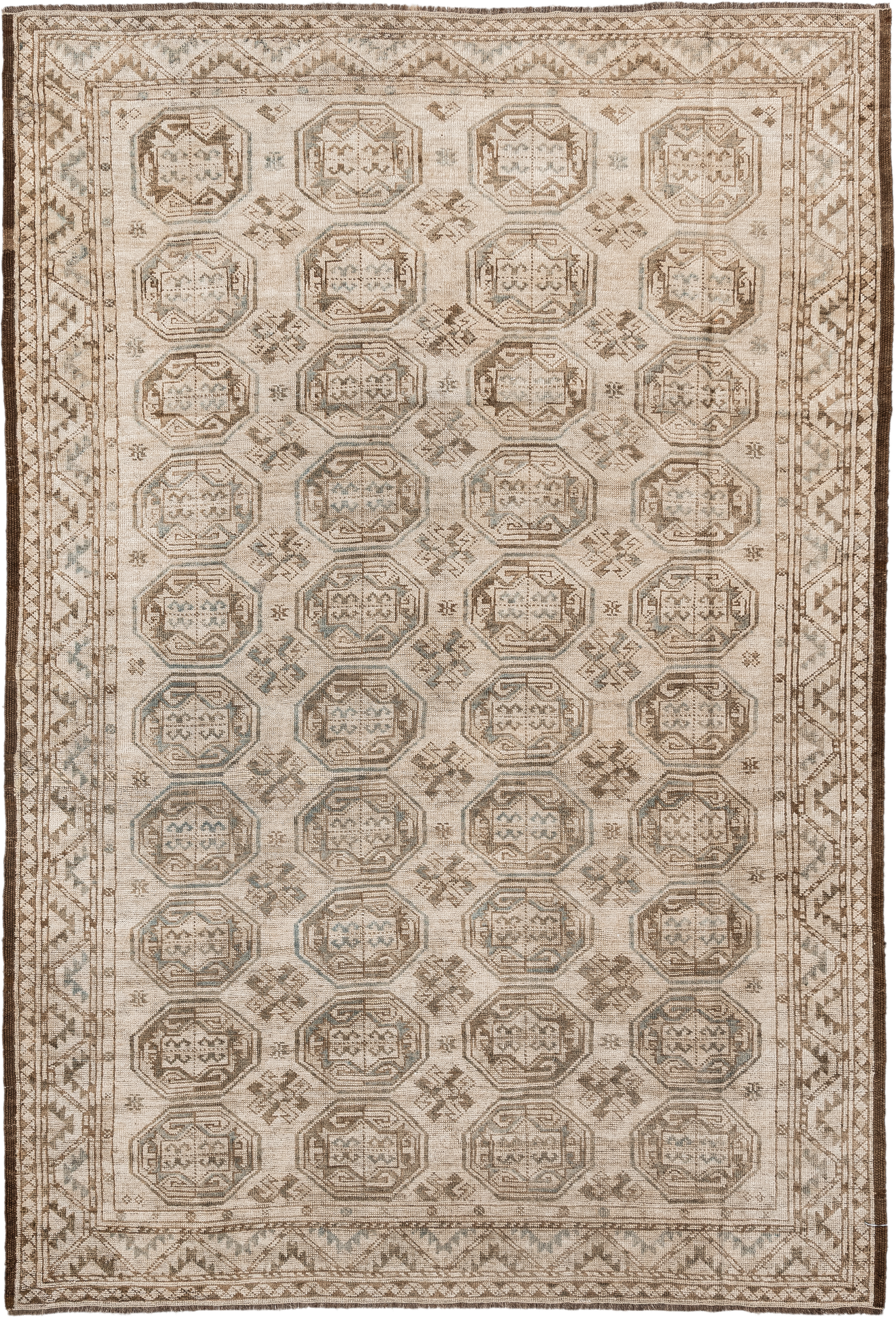 4' x 7' one-of-a-kind handmade vintage Afghan rug. Color palette: ivory, taupe, brown, camel, sage, slate, beige, gray