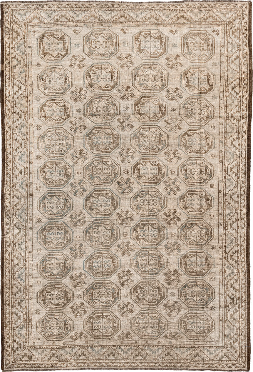 4' x 7' one-of-a-kind handmade vintage Afghan rug. Color palette: antiquewhite, brown, gray, light gray, off-white, orange