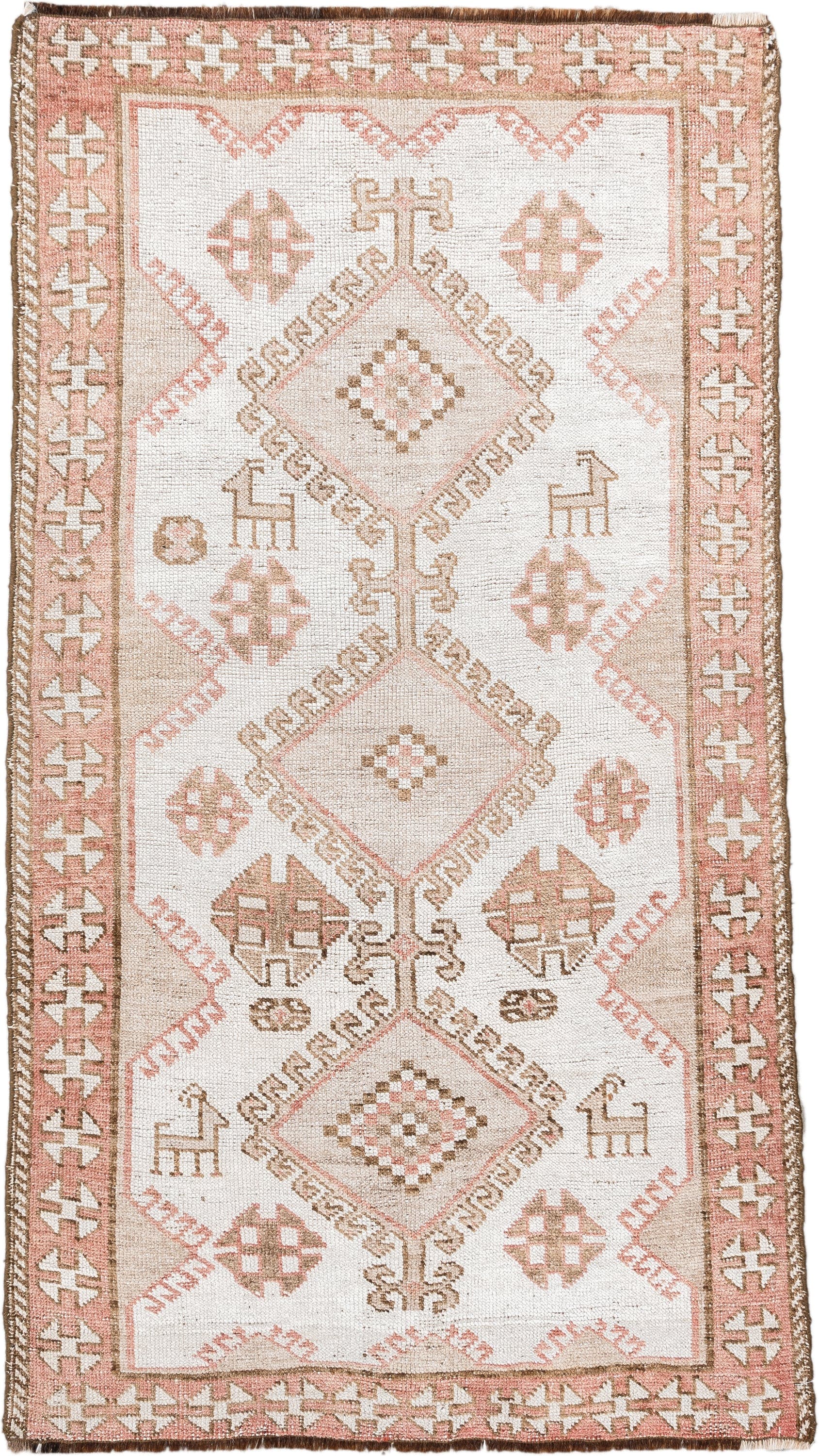 3' x 6' one-of-a-kind handmade antique Gabbe small size rug. Color palette: ivory, blush, taupe, camel, brown, pink, beige