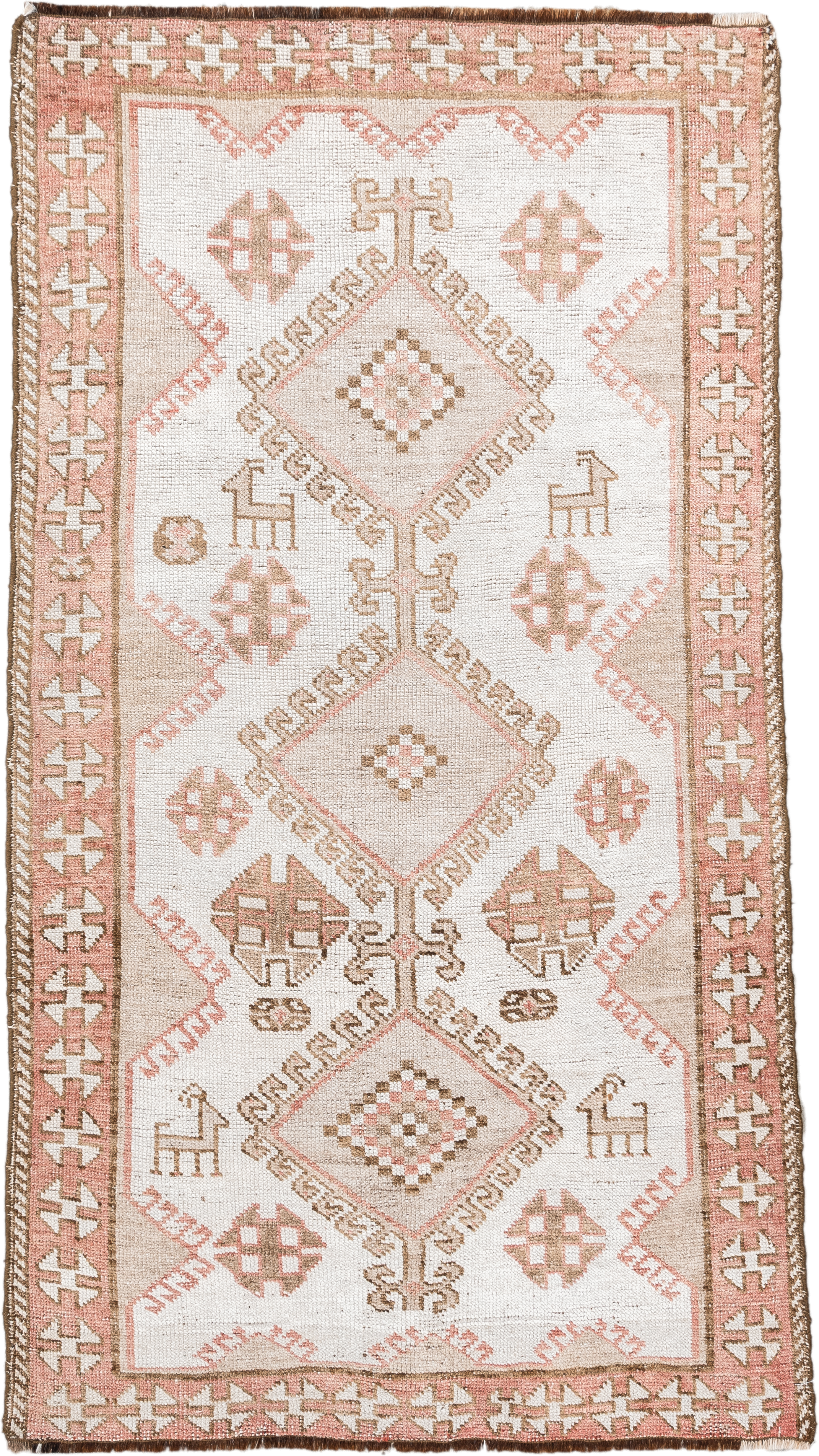 3' x 6' one-of-a-kind handmade antique Gabbe small size rug. Color palette: ivory, blush, taupe, camel, brown, pink, beige