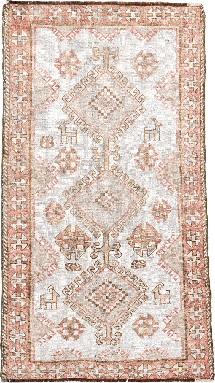 3' x 6' one-of-a-kind handmade vintage Gabbe small size rug. Color palette: antiquewhite, brown, gainsboro, ghost white