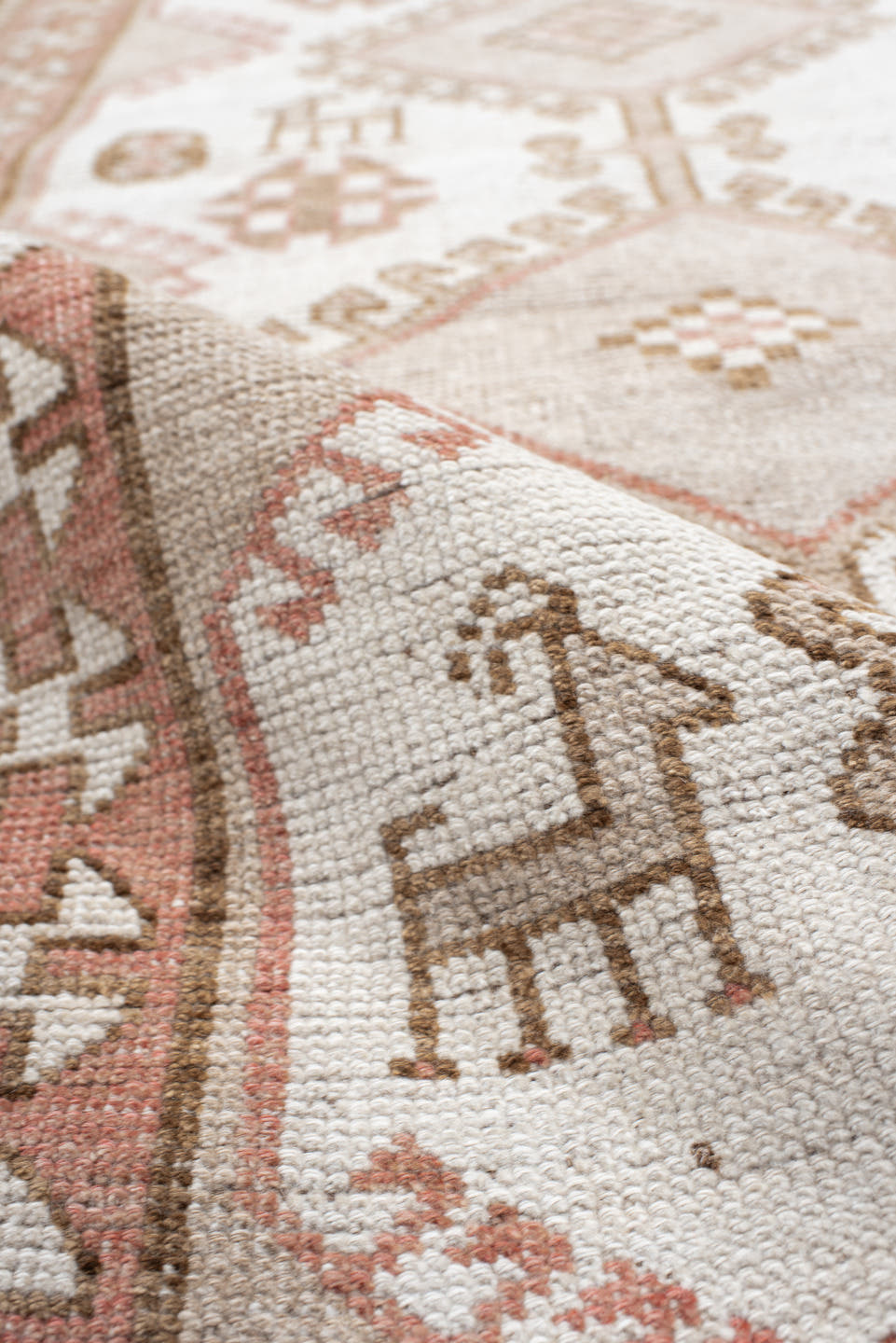 3' x 6' one-of-a-kind handmade antique Gabbe small size rug. Color palette: ivory, blush, taupe, camel, brown, pink, beige