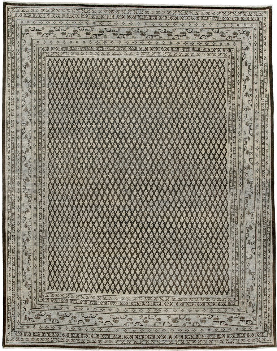 6' x 7' one-of-a-kind handmade antique Mir rug. Color palette: ivory, brown, taupe, camel, charcoal, beige, gray, black