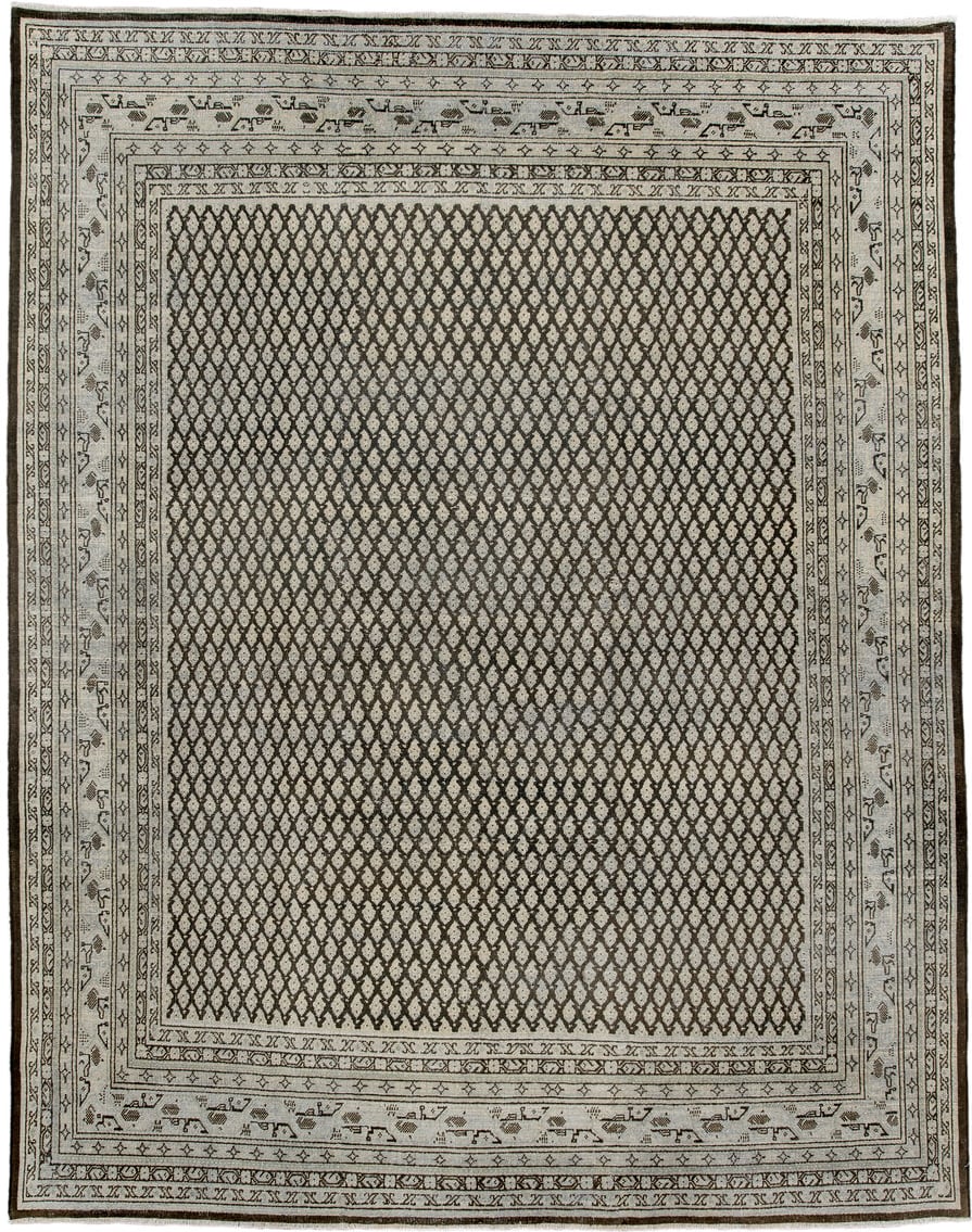6' x 7' one-of-a-kind handmade antique Mir rug. Color palette: ivory, brown, taupe, camel, charcoal, beige, gray, black