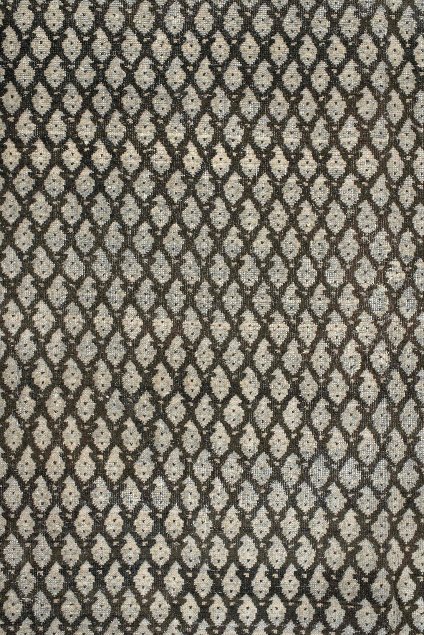 6' x 7' one-of-a-kind handmade antique Mir rug. Color palette: ivory, brown, taupe, camel, charcoal, beige, gray, black