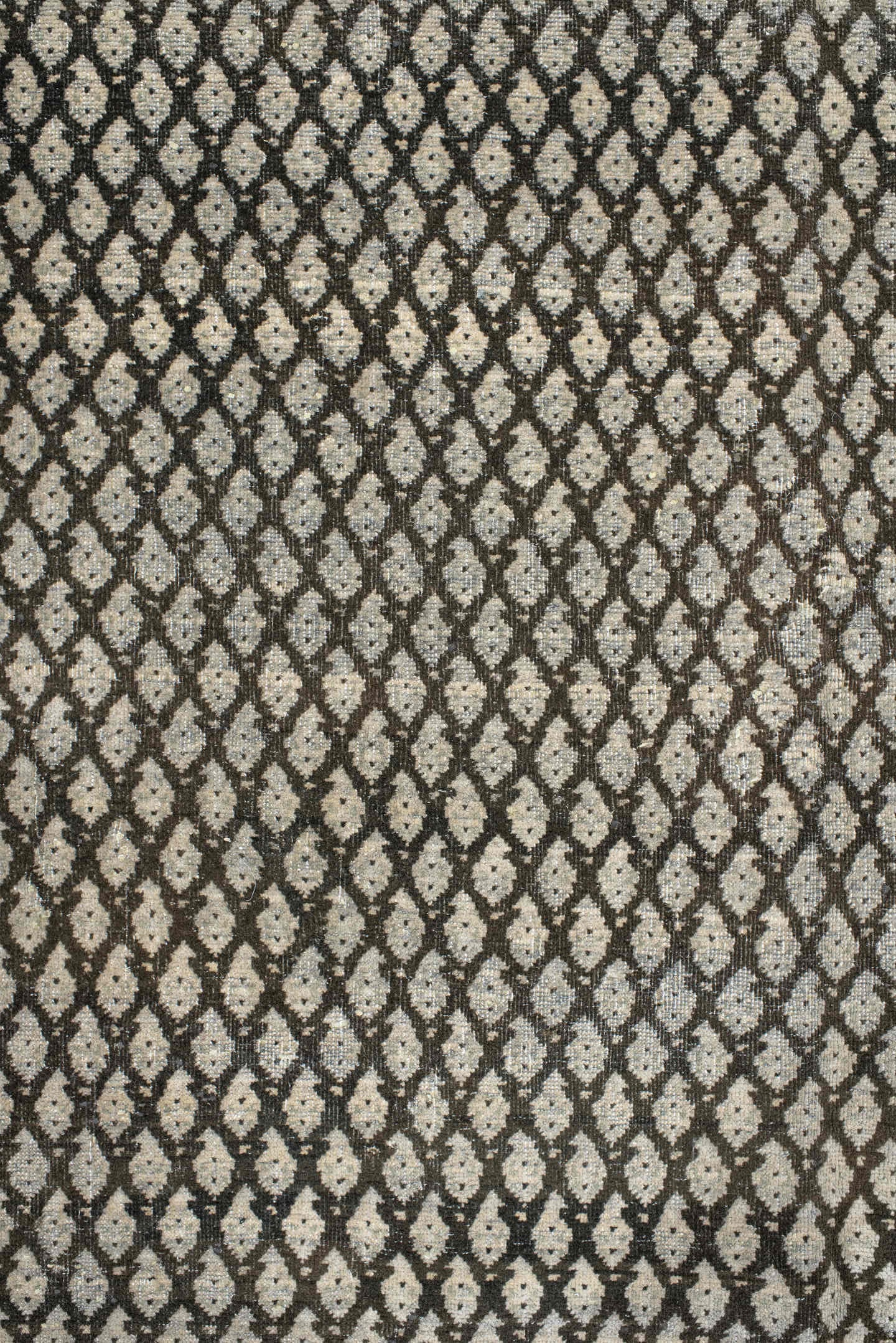 6' x 7' one-of-a-kind handmade antique Mir rug. Color palette: ivory, brown, taupe, camel, charcoal, beige, gray, black