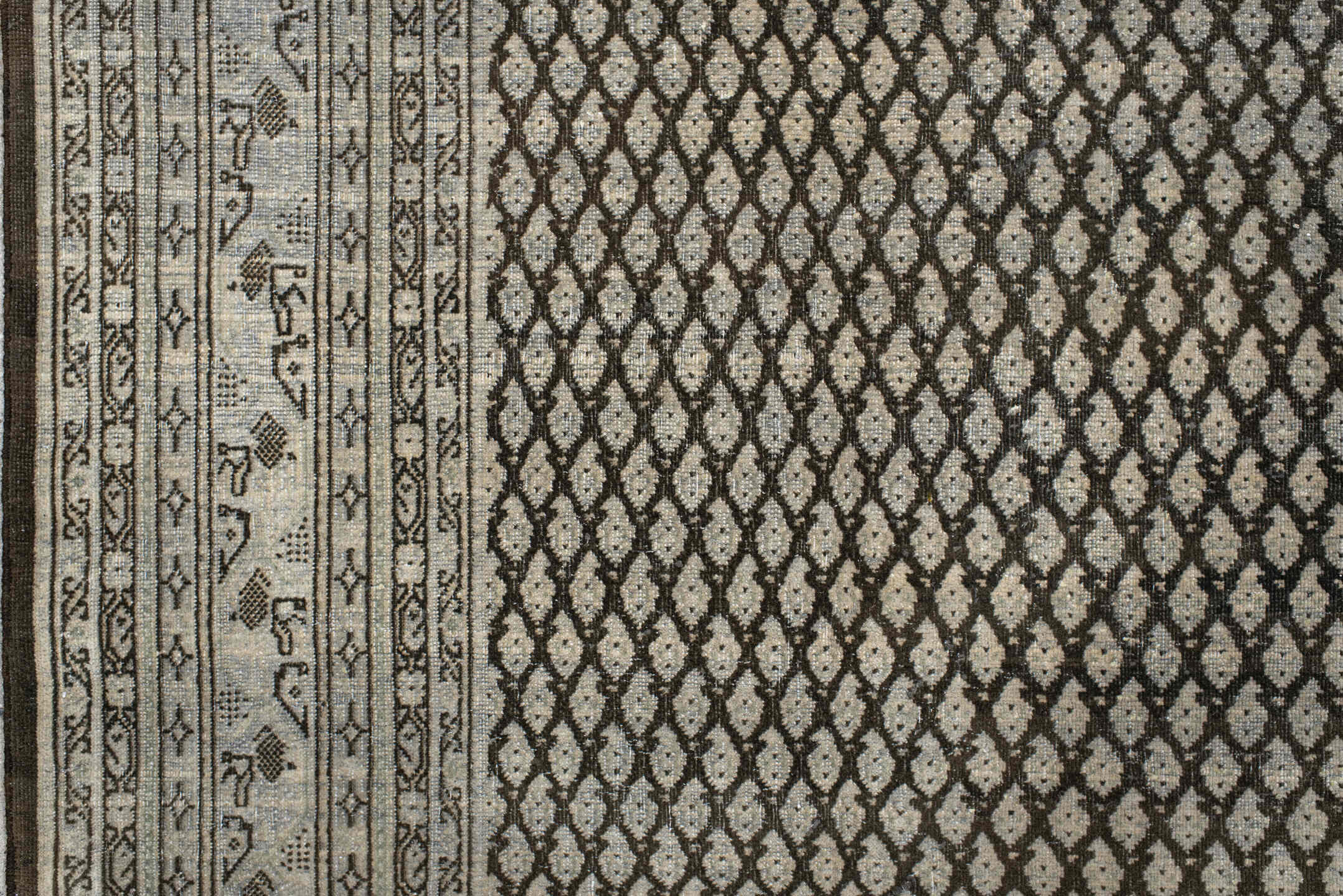 6' x 7' one-of-a-kind handmade vintage Mir rug. Color palette: light gray, off-white, gray, black, silver