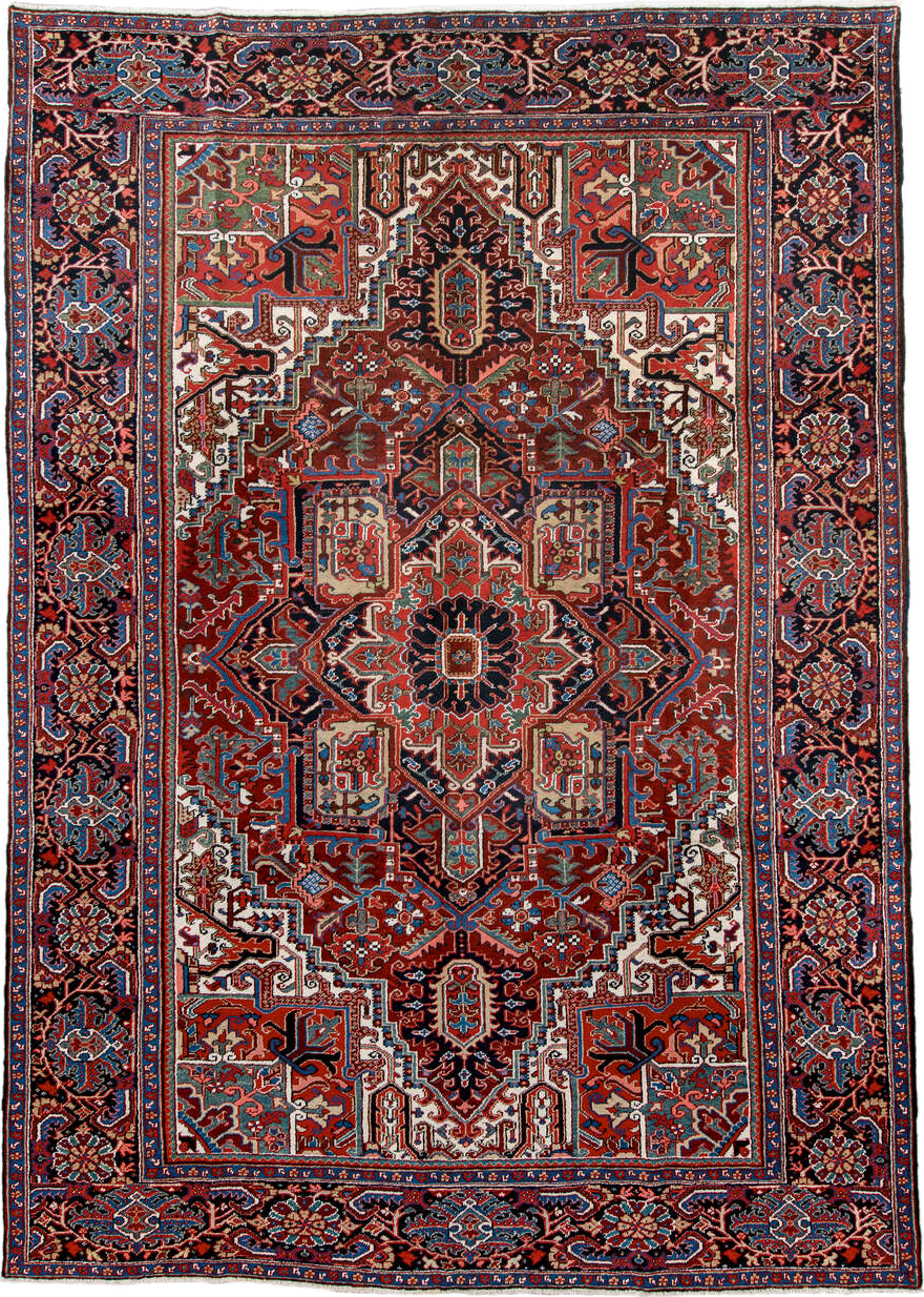 8' x 11' one-of-a-kind handmade antique Heriz large size rug. Color palette: rust, navy, ivory, sky_blue, brick, coral
