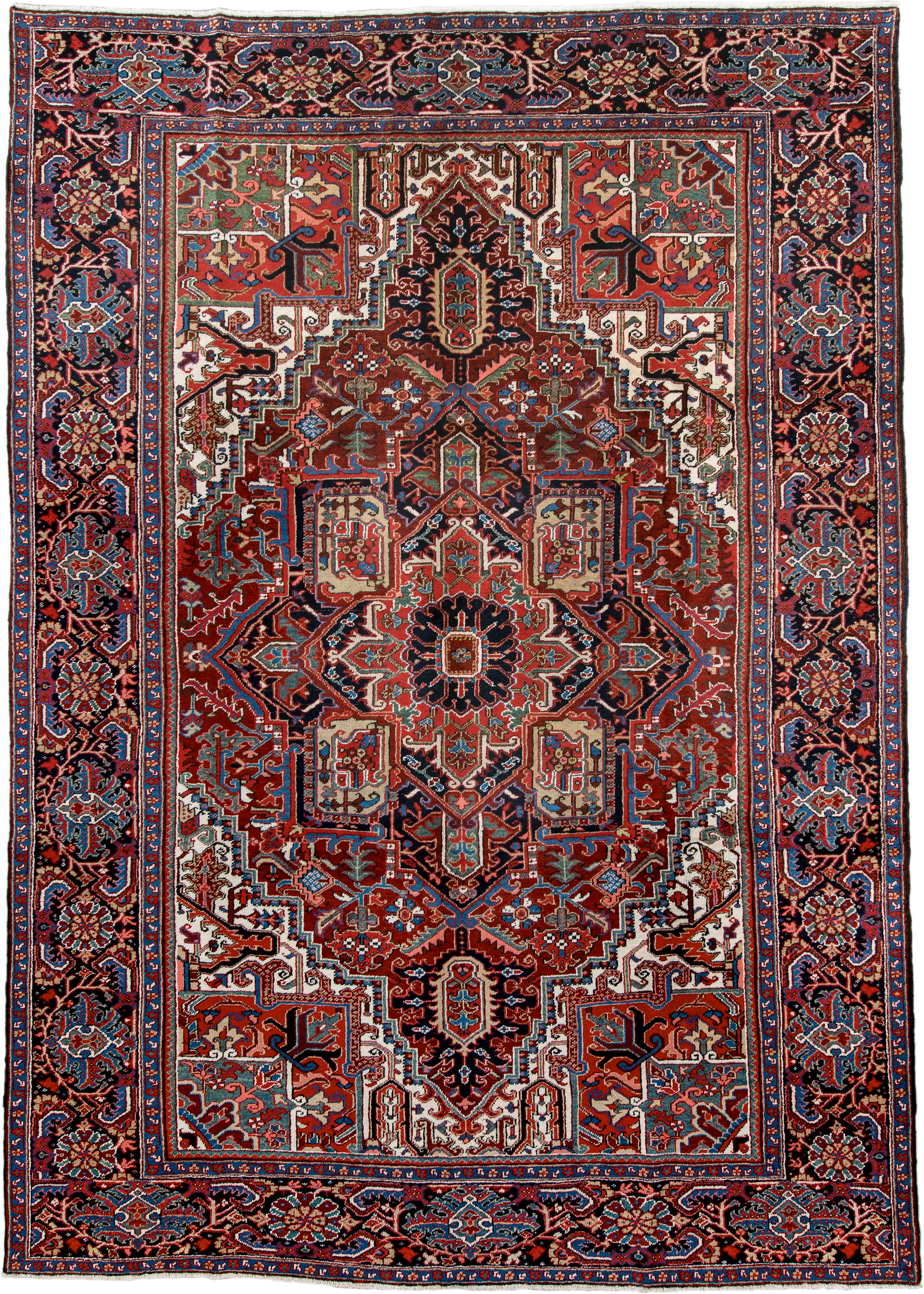 8' x 11' one-of-a-kind handmade antique Heriz large size rug. Color palette: rust, navy, ivory, sky_blue, brick, coral