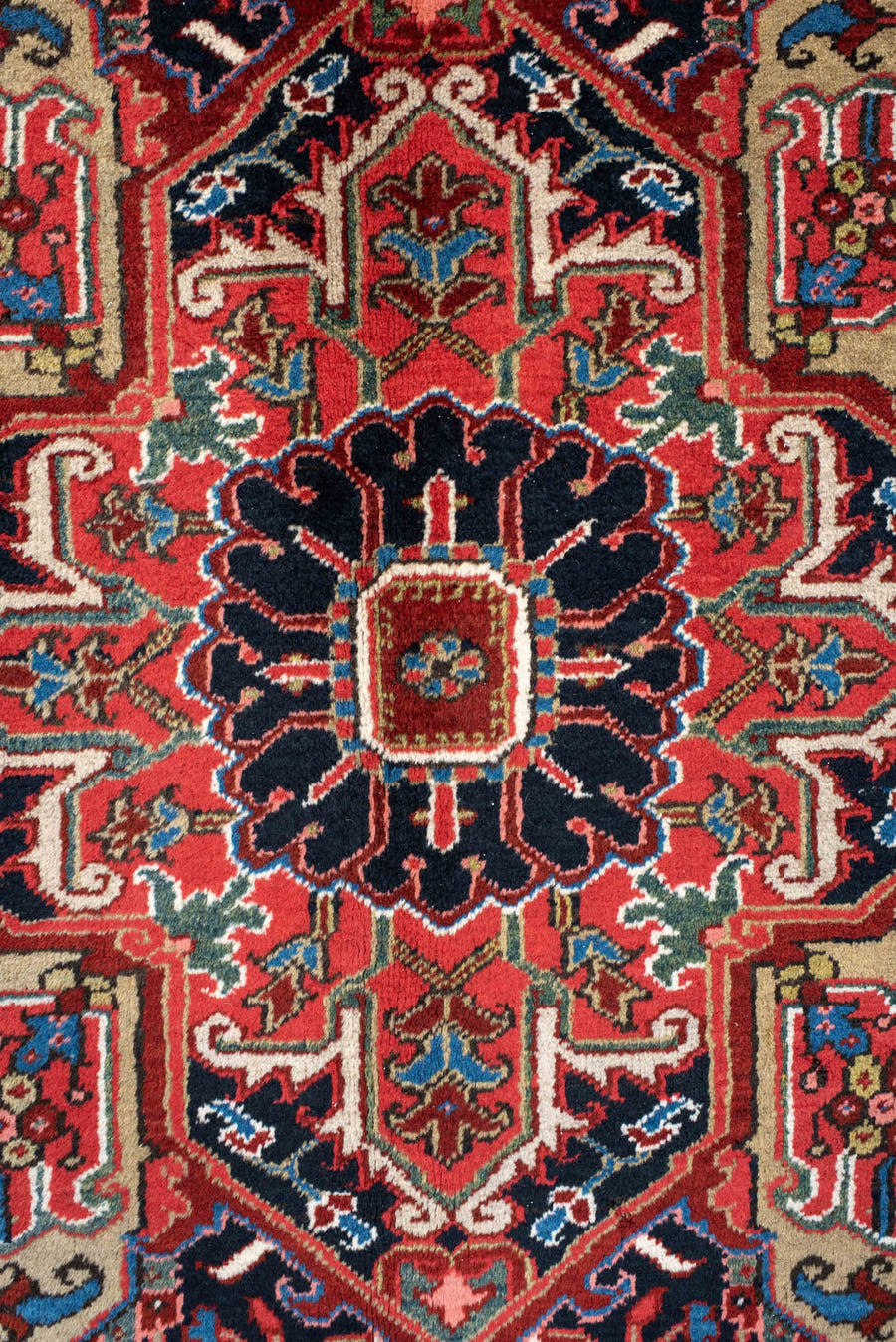 8' x 11' one-of-a-kind handmade antique Heriz large size rug. Color palette: rust, navy, ivory, sky_blue, brick, coral