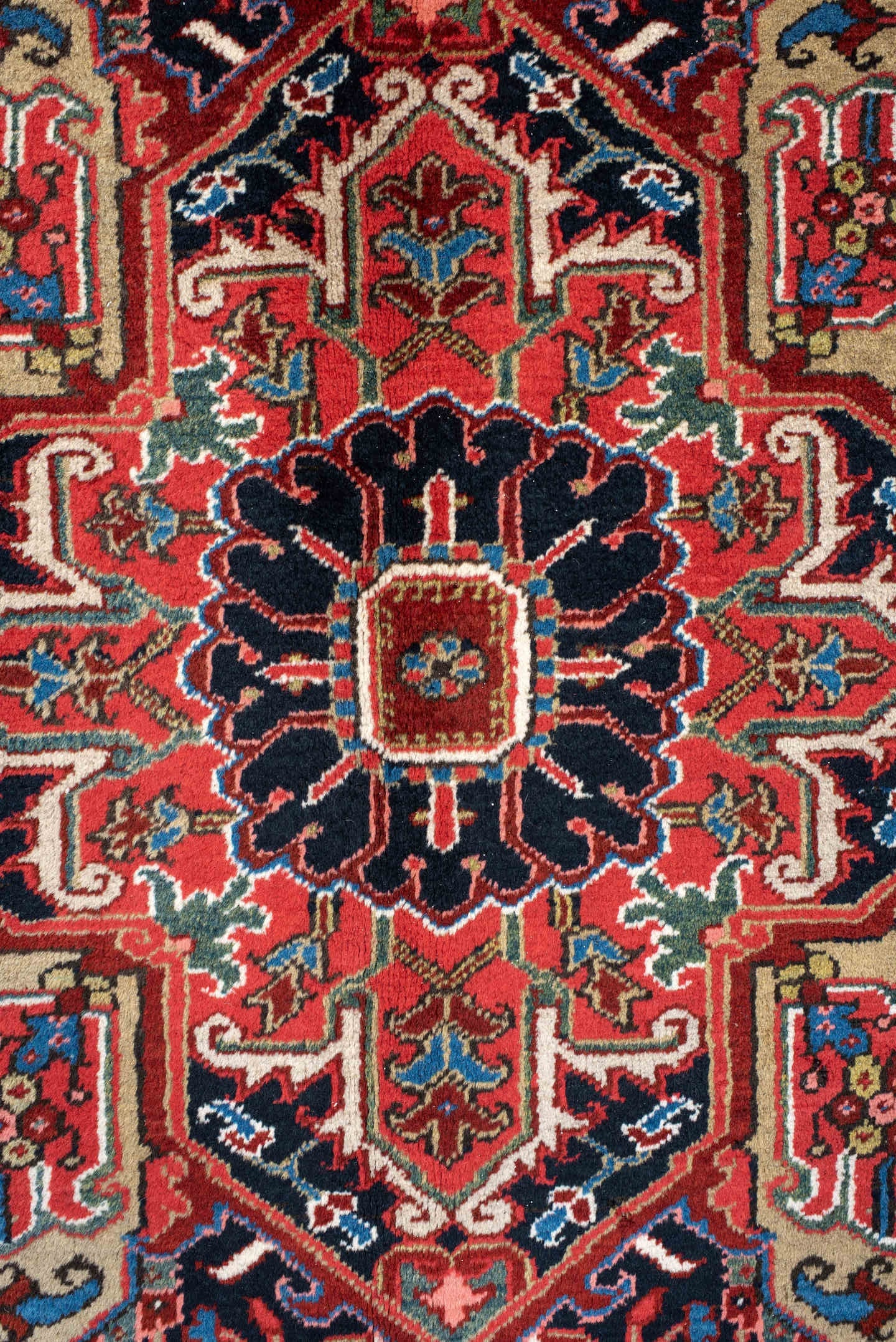 8' x 11' one-of-a-kind handmade antique Heriz large size rug. Color palette: rust, navy, ivory, sky_blue, brick, coral