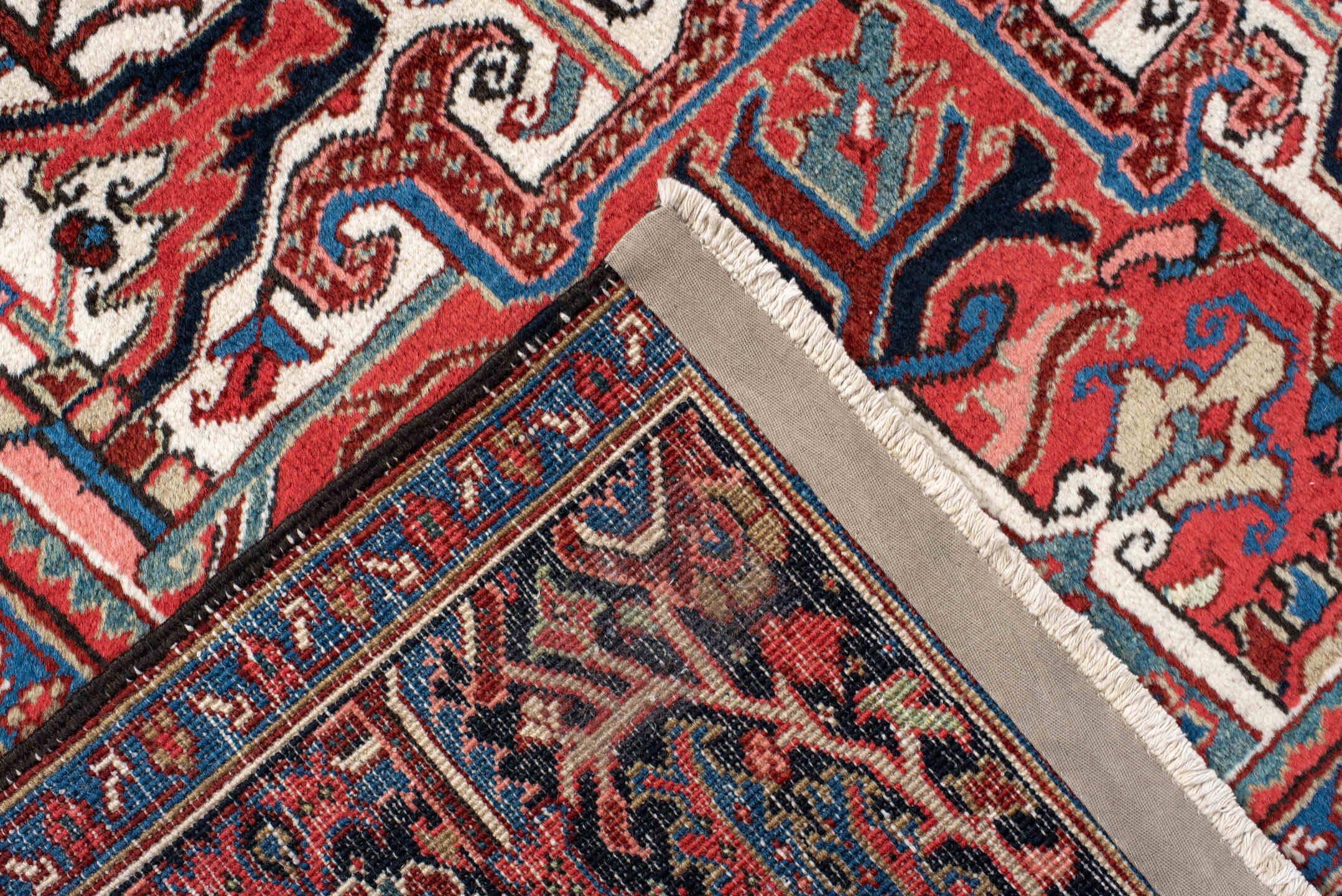 8' x 11' one-of-a-kind handmade antique Heriz large size rug. Color palette: rust, navy, ivory, sky_blue, brick, coral