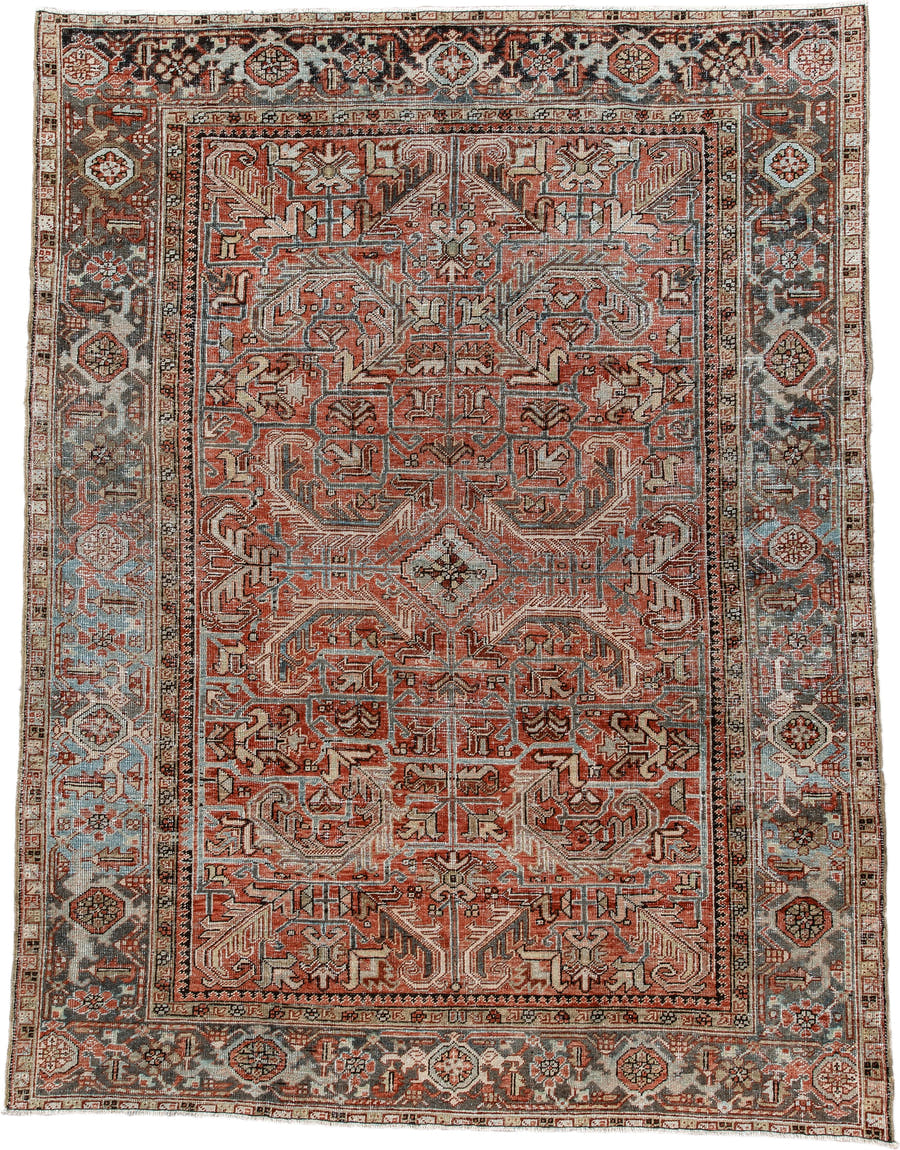 7' x 9' one-of-a-kind handmade antique Heriz large size rug. Color palette: terra cotta, ivory, slate, charcoal, rust, camel