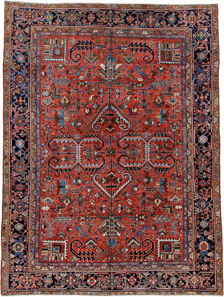 8' x 10' one-of-a-kind handmade antique  large size rug. Color palette: rust, navy, ivory, sky_blue, camel, slate, rose