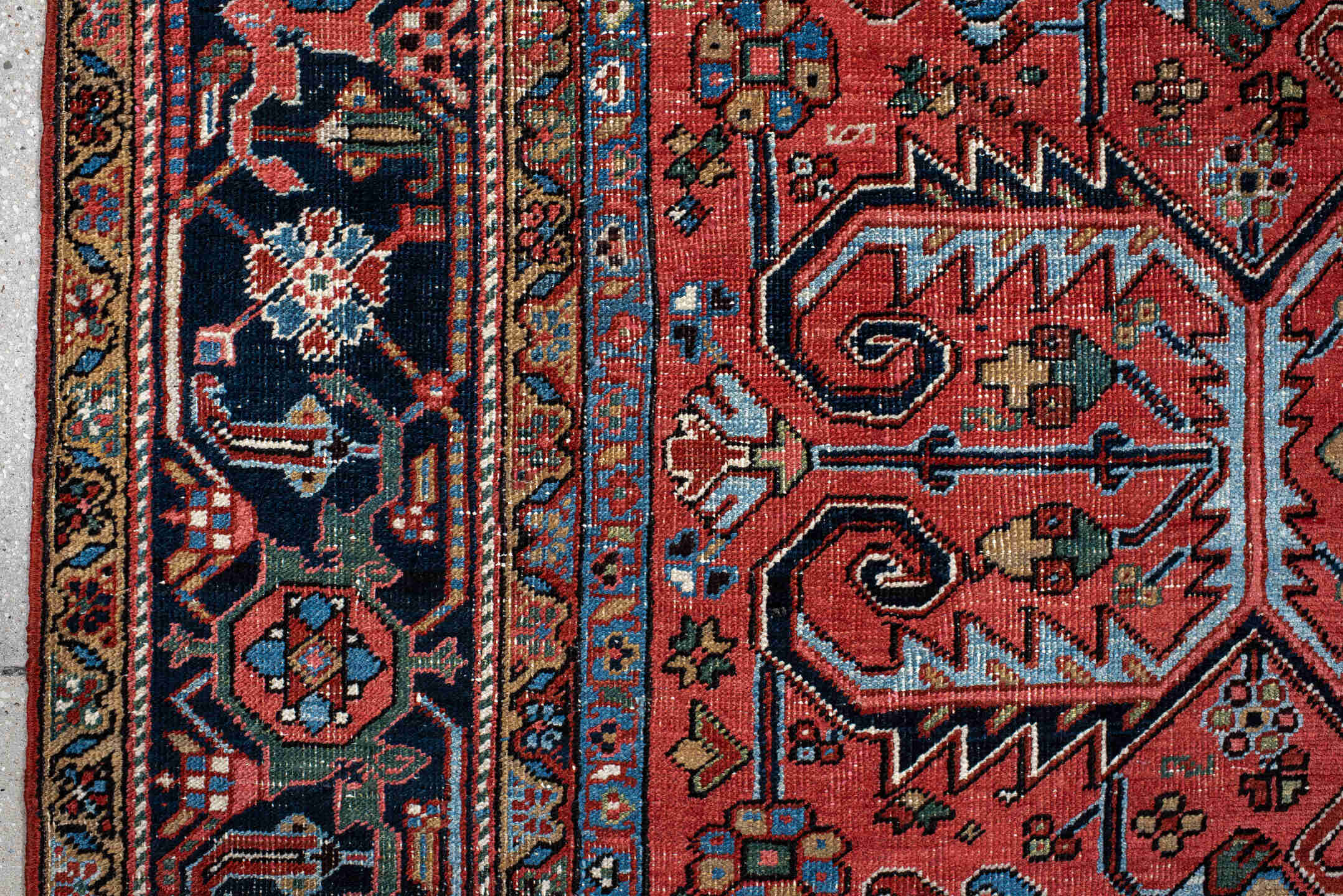 8' x 10' one-of-a-kind handmade antique  large size rug. Color palette: rust, navy, ivory, sky_blue, camel, slate, rose