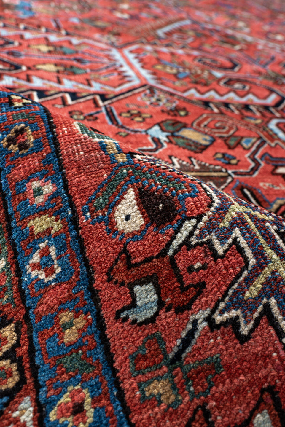 8' x 10' one-of-a-kind handmade antique  large size rug. Color palette: rust, navy, ivory, sky_blue, camel, slate, rose