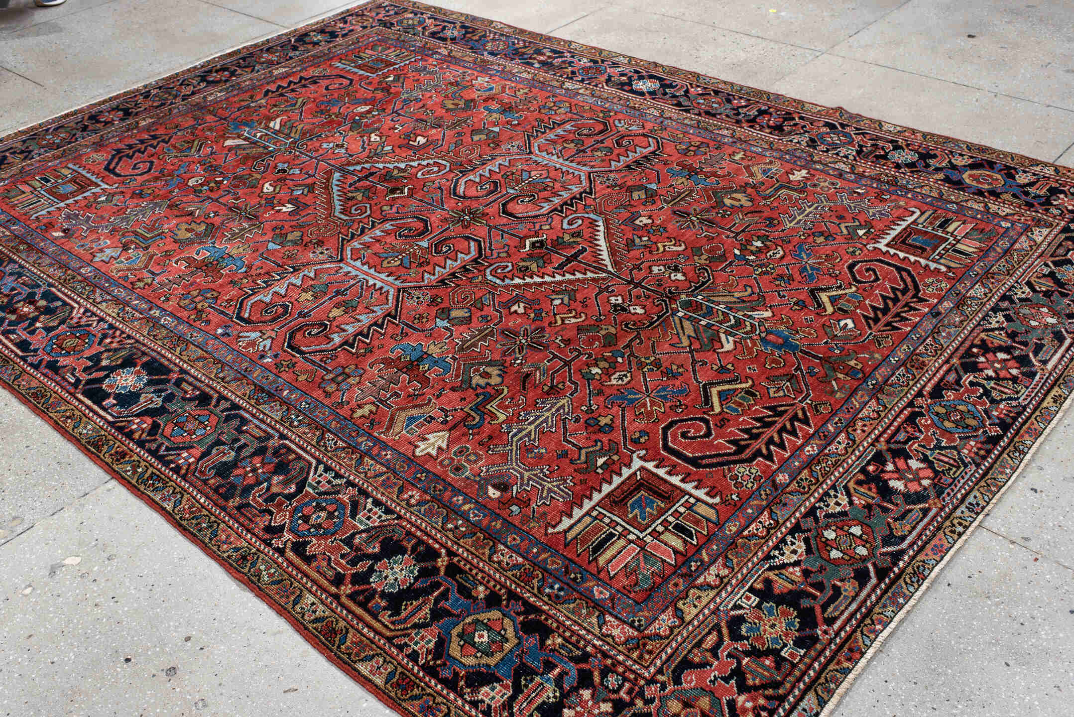 8' x 10' one-of-a-kind handmade antique  large size rug. Color palette: rust, navy, ivory, sky_blue, camel, slate, rose