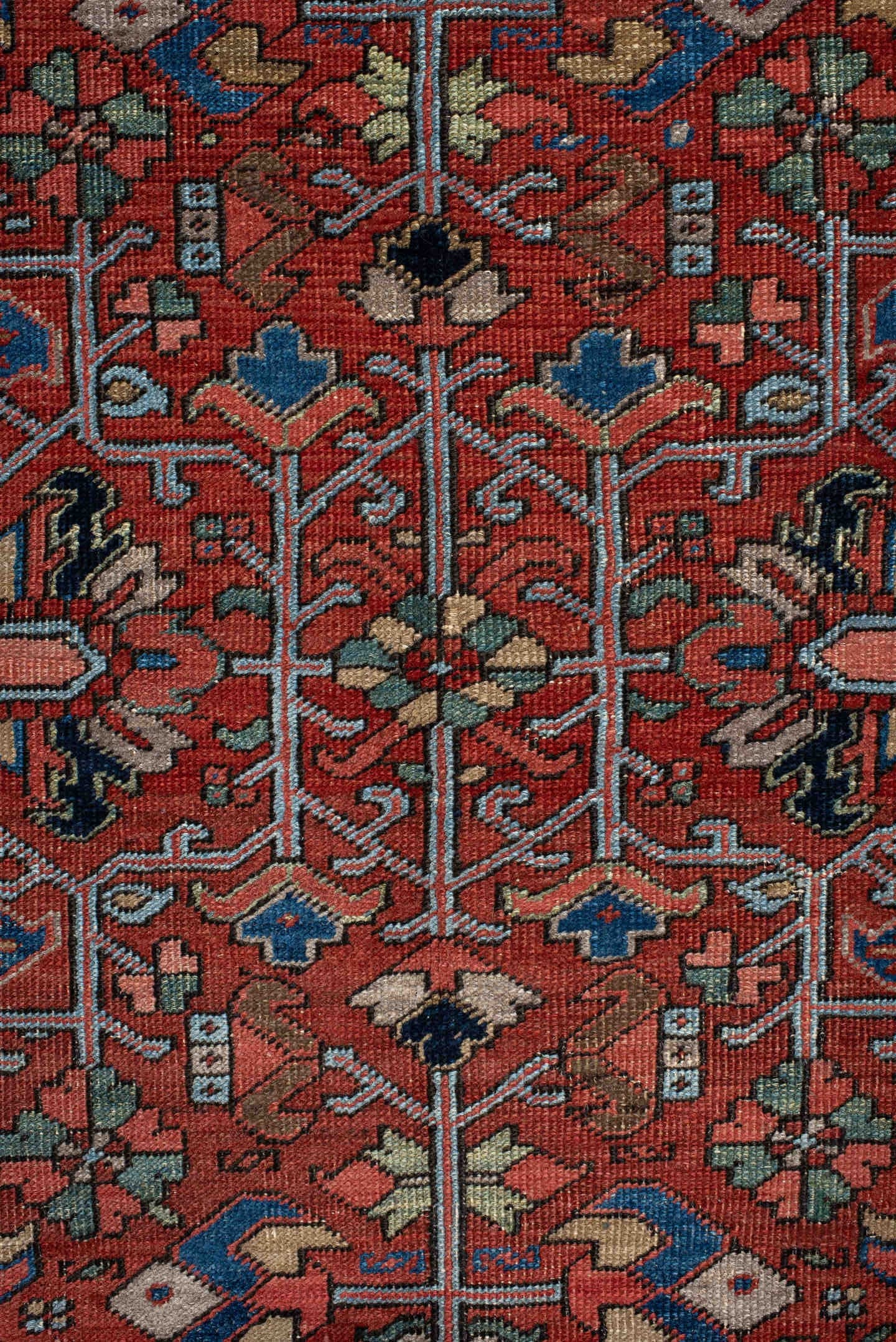 6' x 10' one-of-a-kind handmade antique Heriz large size rug. Color palette: rust, navy, ivory, sky_blue, sage, coral, camel