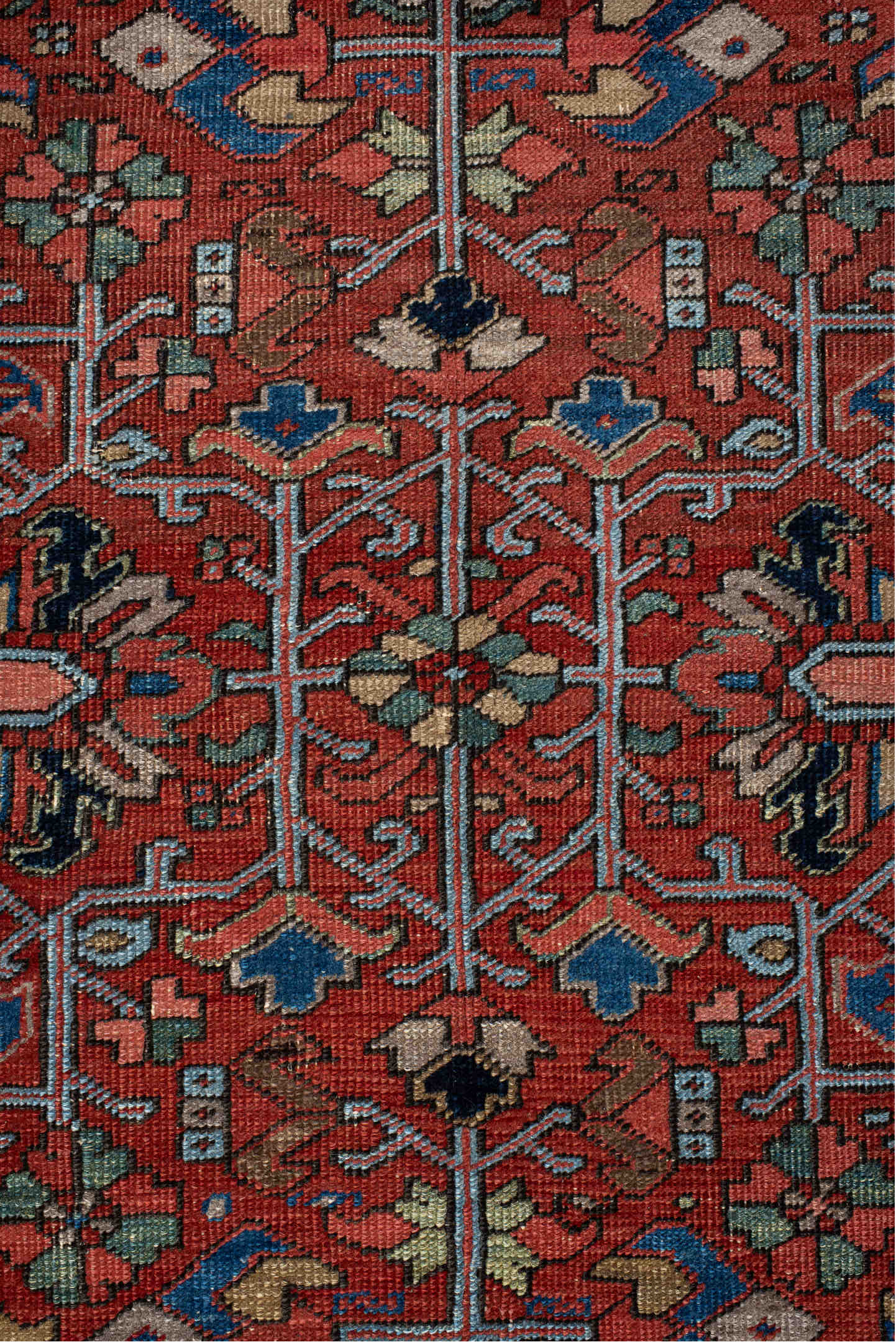 6' x 10' one-of-a-kind handmade antique Heriz large size rug. Color palette: rust, navy, ivory, sky_blue, sage, coral, camel