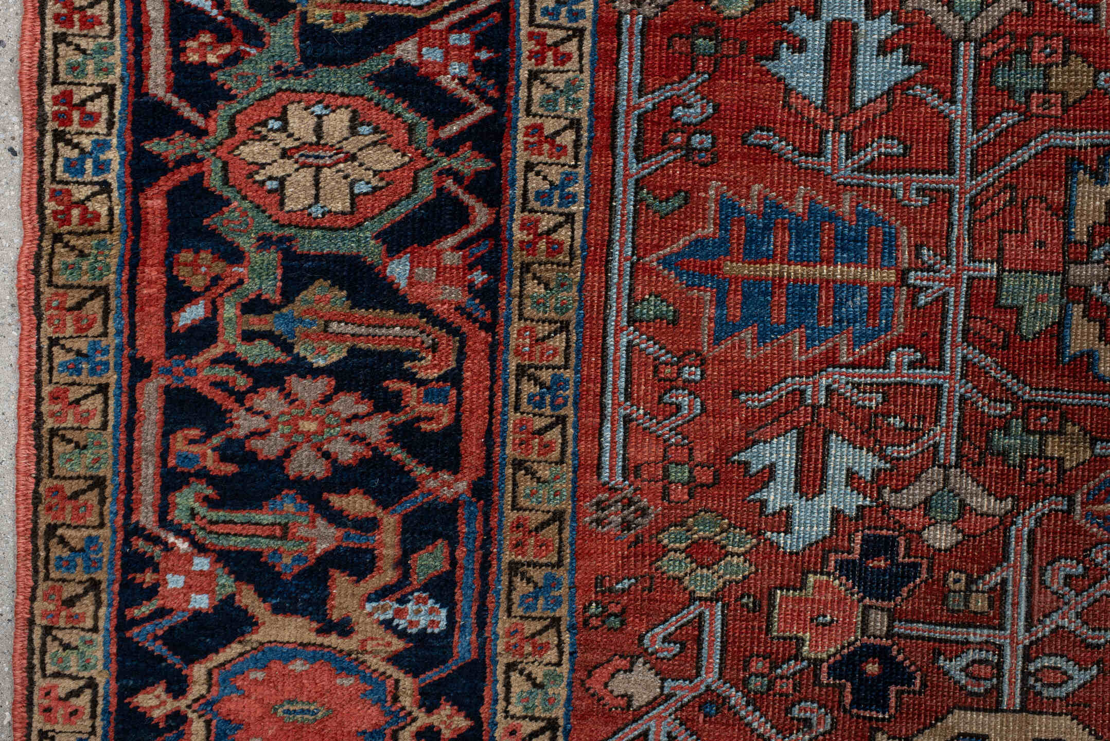 6' x 10' one-of-a-kind handmade antique Heriz large size rug. Color palette: rust, navy, ivory, sky_blue, sage, coral, camel