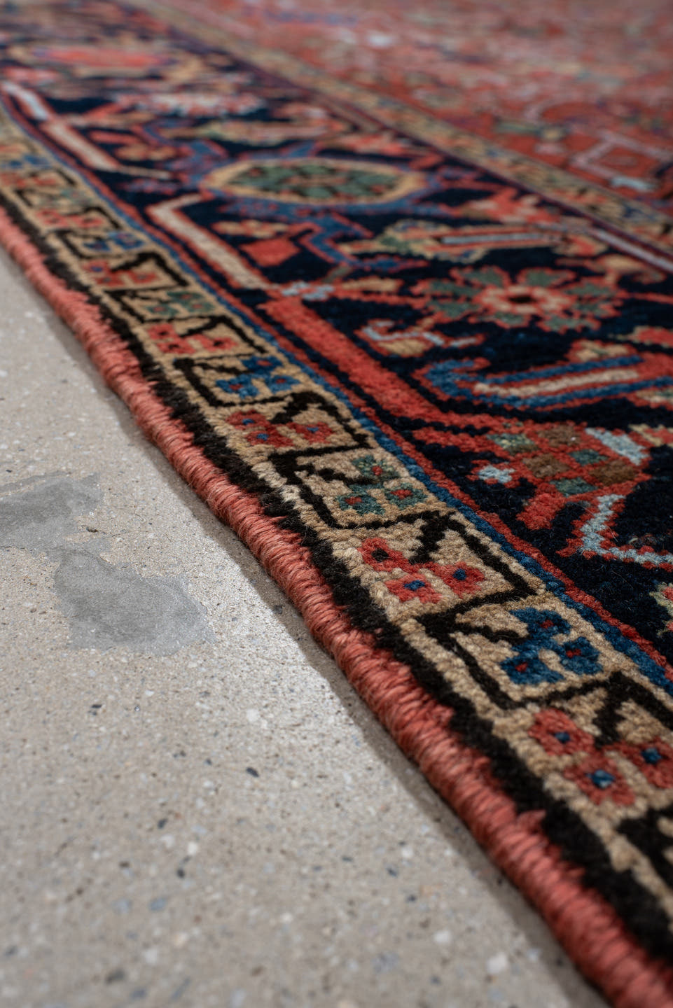 6' x 10' one-of-a-kind handmade antique Heriz large size rug. Color palette: rust, navy, ivory, sky_blue, sage, coral, camel