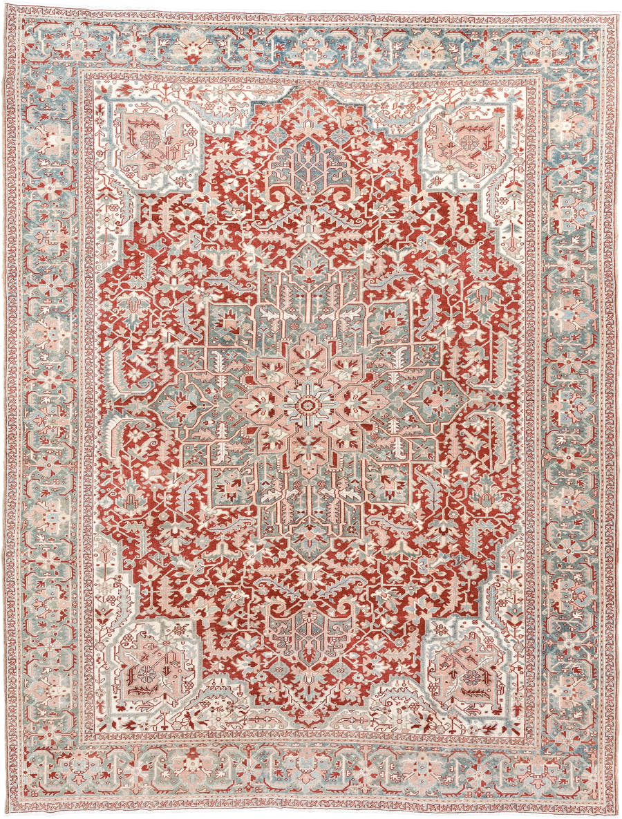 9' x 12' one-of-a-kind handmade antique Heriz large size rug. Color palette: rust, sky blue, ivory, terra cotta, sage, cream