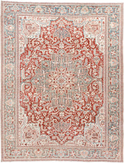 9' x 12' one-of-a-kind handmade antique Heriz large size rug. Color palette: rust, sky blue, ivory, terra cotta, sage, cream