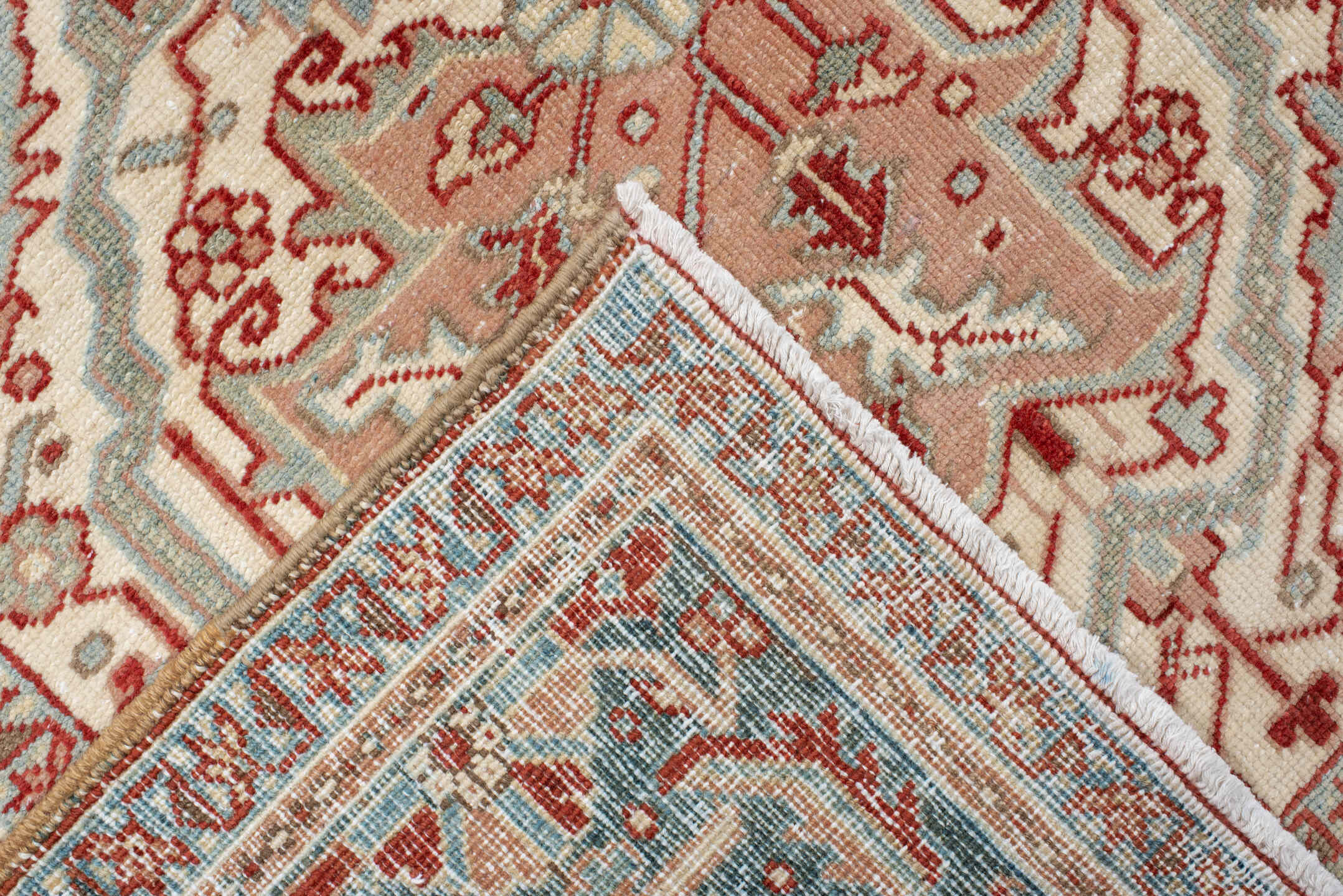 9' x 12' one-of-a-kind handmade antique Heriz large size rug. Color palette: rust, sky blue, ivory, terra cotta, sage, cream