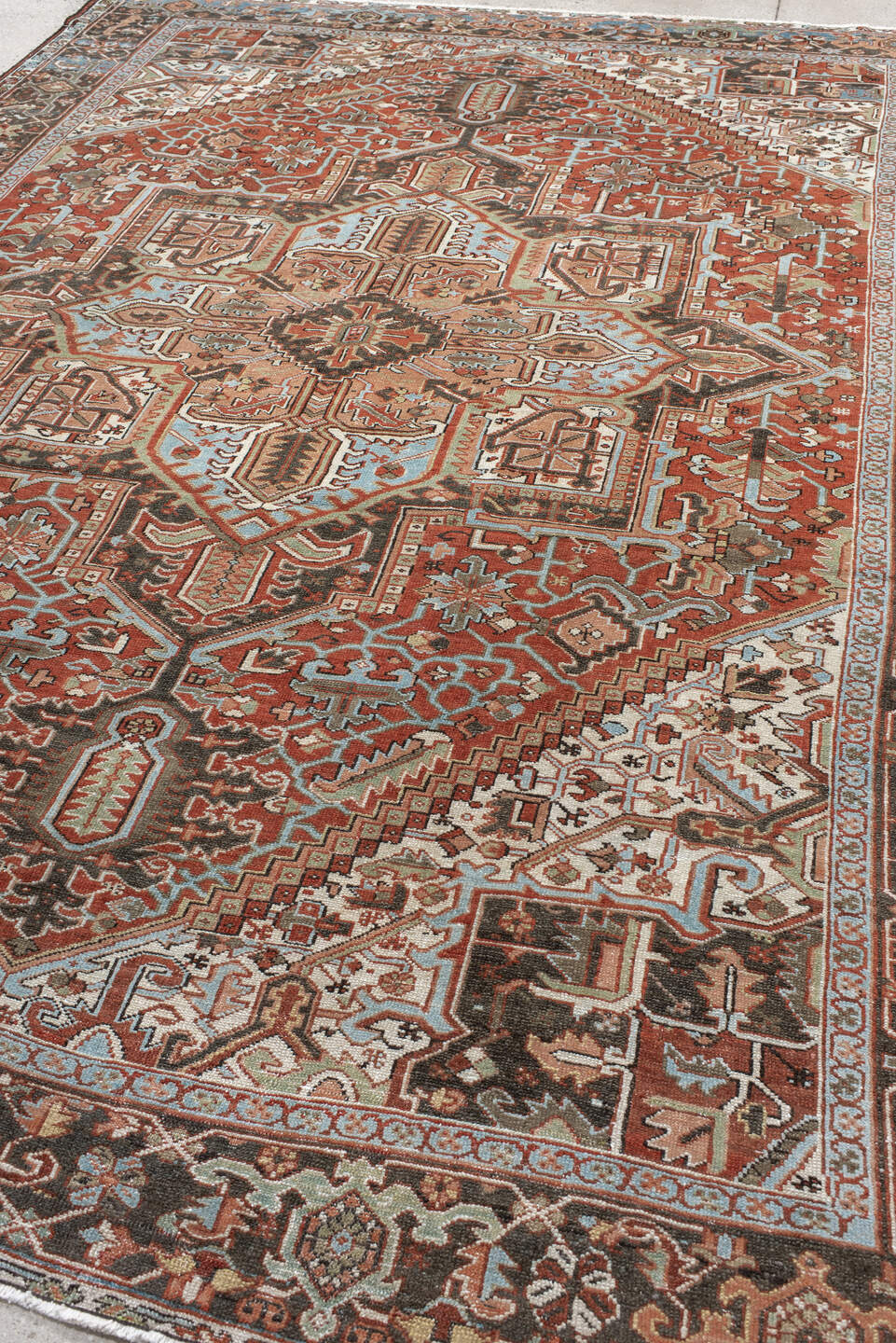 8' x 10' one-of-a-kind handmade vintage Karaje large size rug. Color palette: brown, gray, light gray, off-white, pink